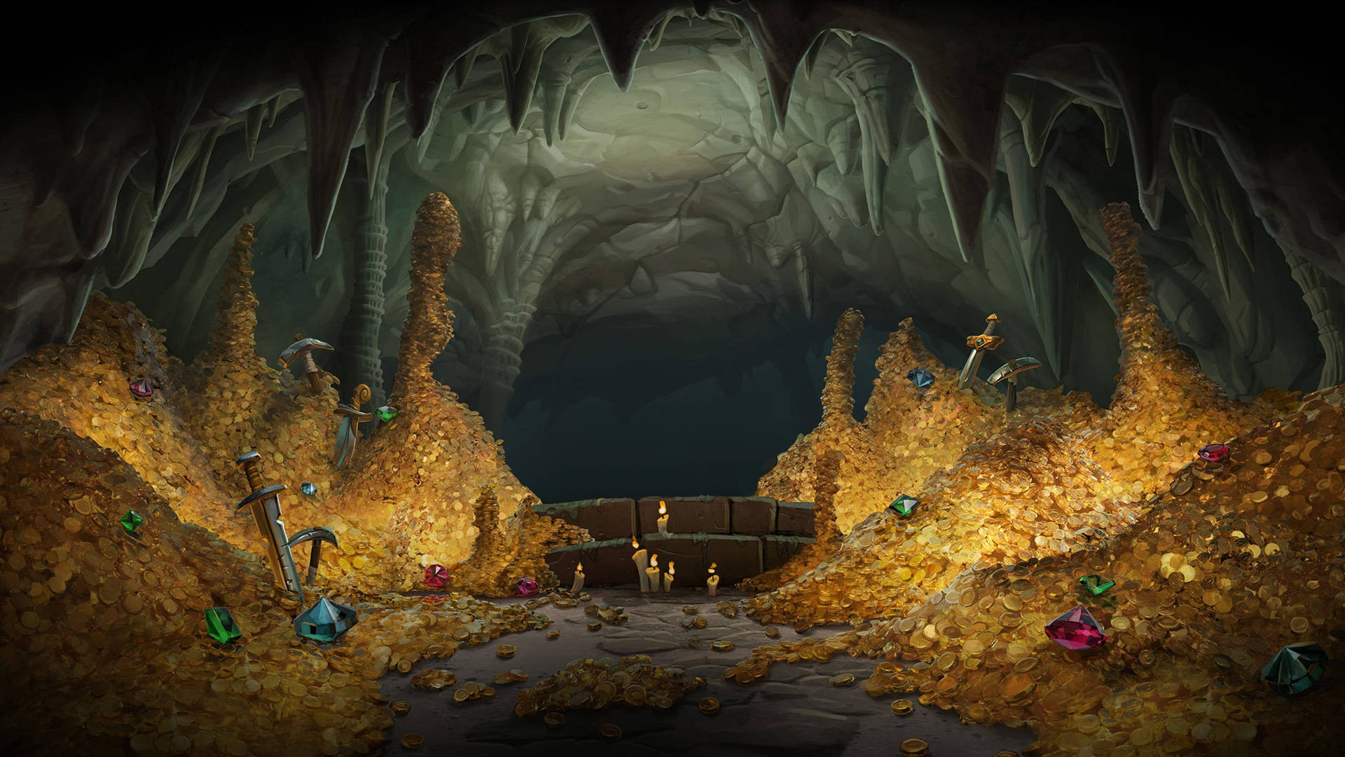 Hearthstone, treasure-filled cave, golden coins, Full HD Desktop Wallpaper