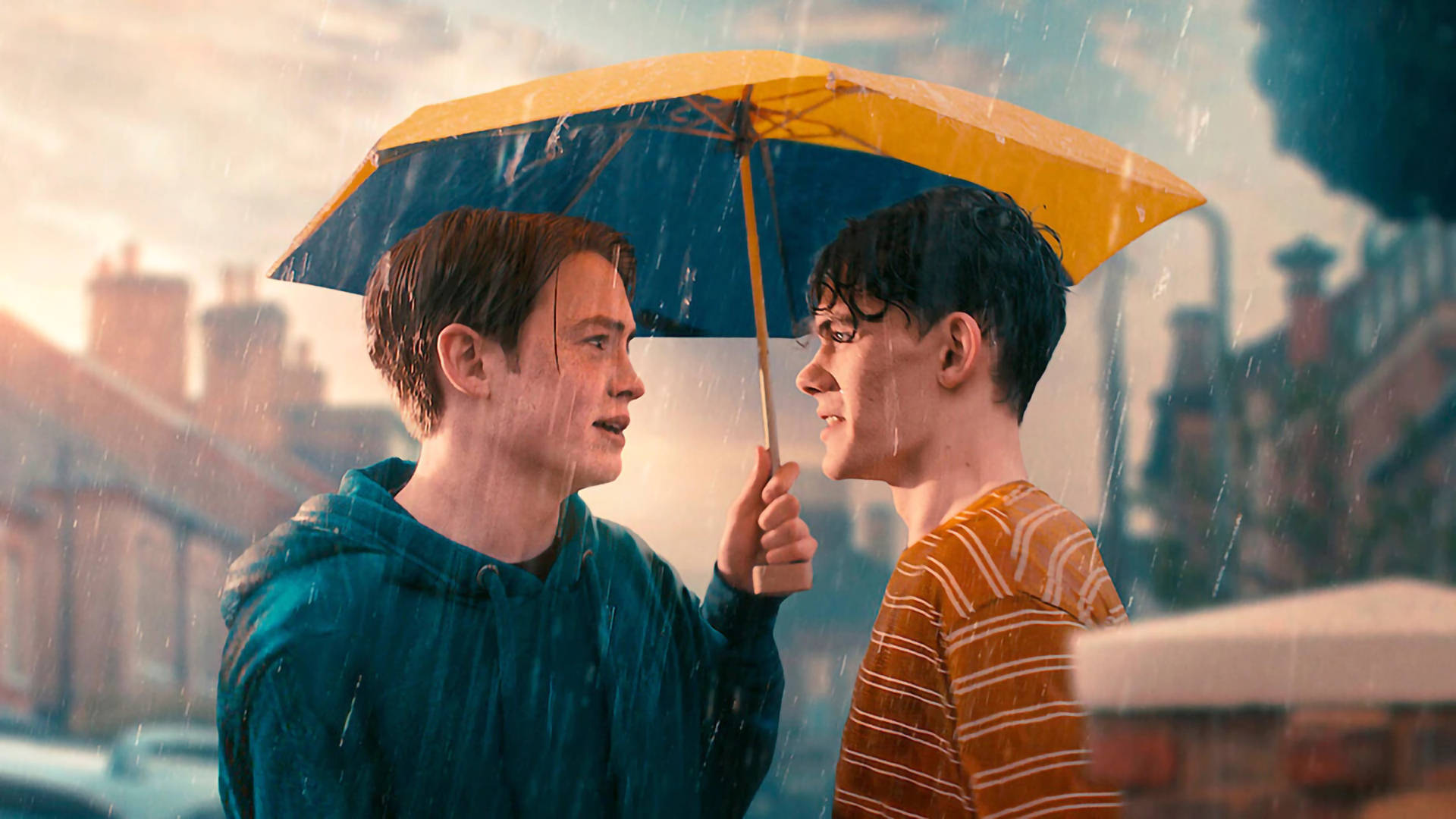 Heartstopper, yellow and blue umbrella, gentle rain, Full HD Desktop Wallpaper