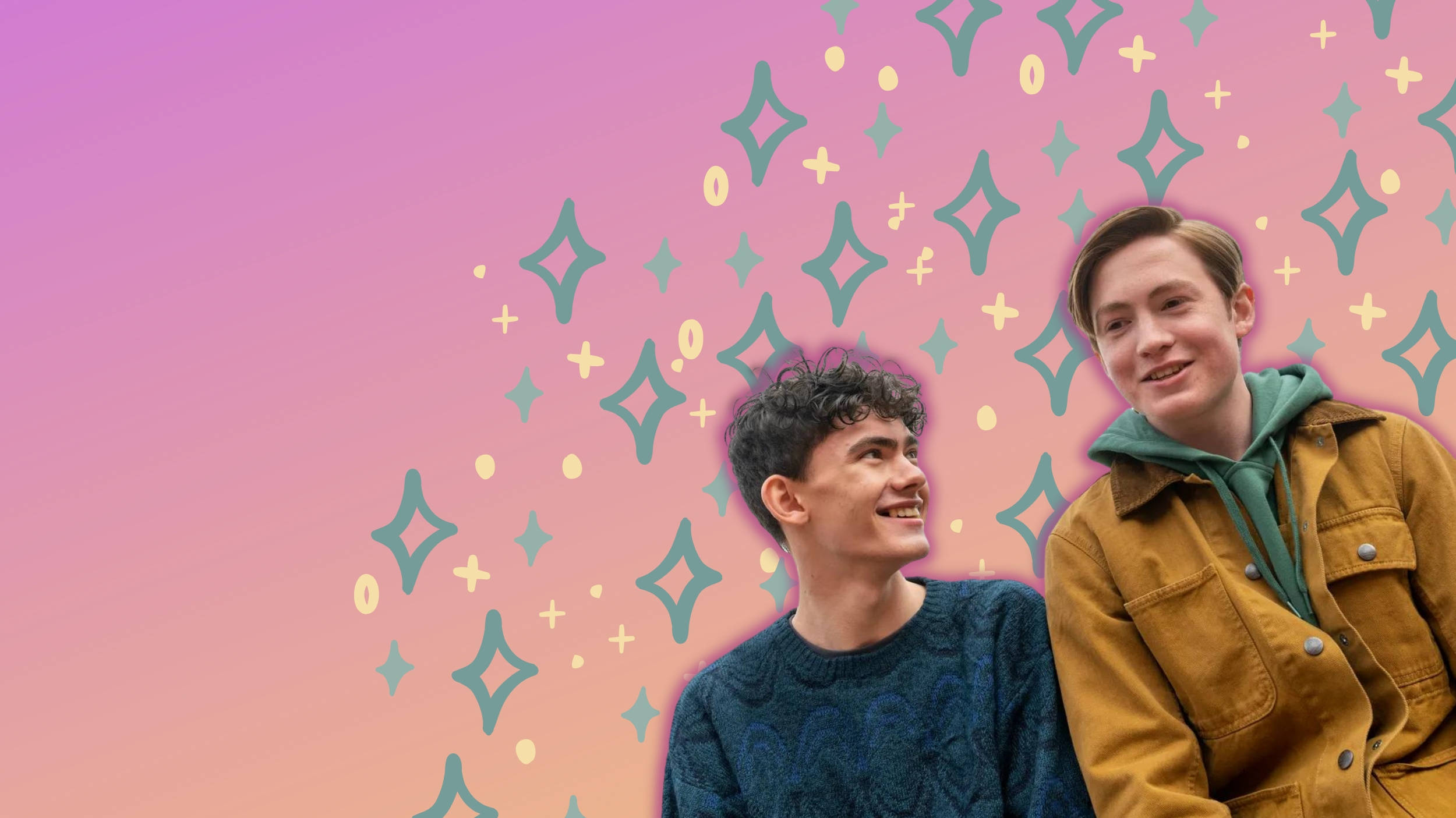 Heartstopper, pink gradient backdrop, teal geometric sparkles, Full HD Desktop Wallpaper