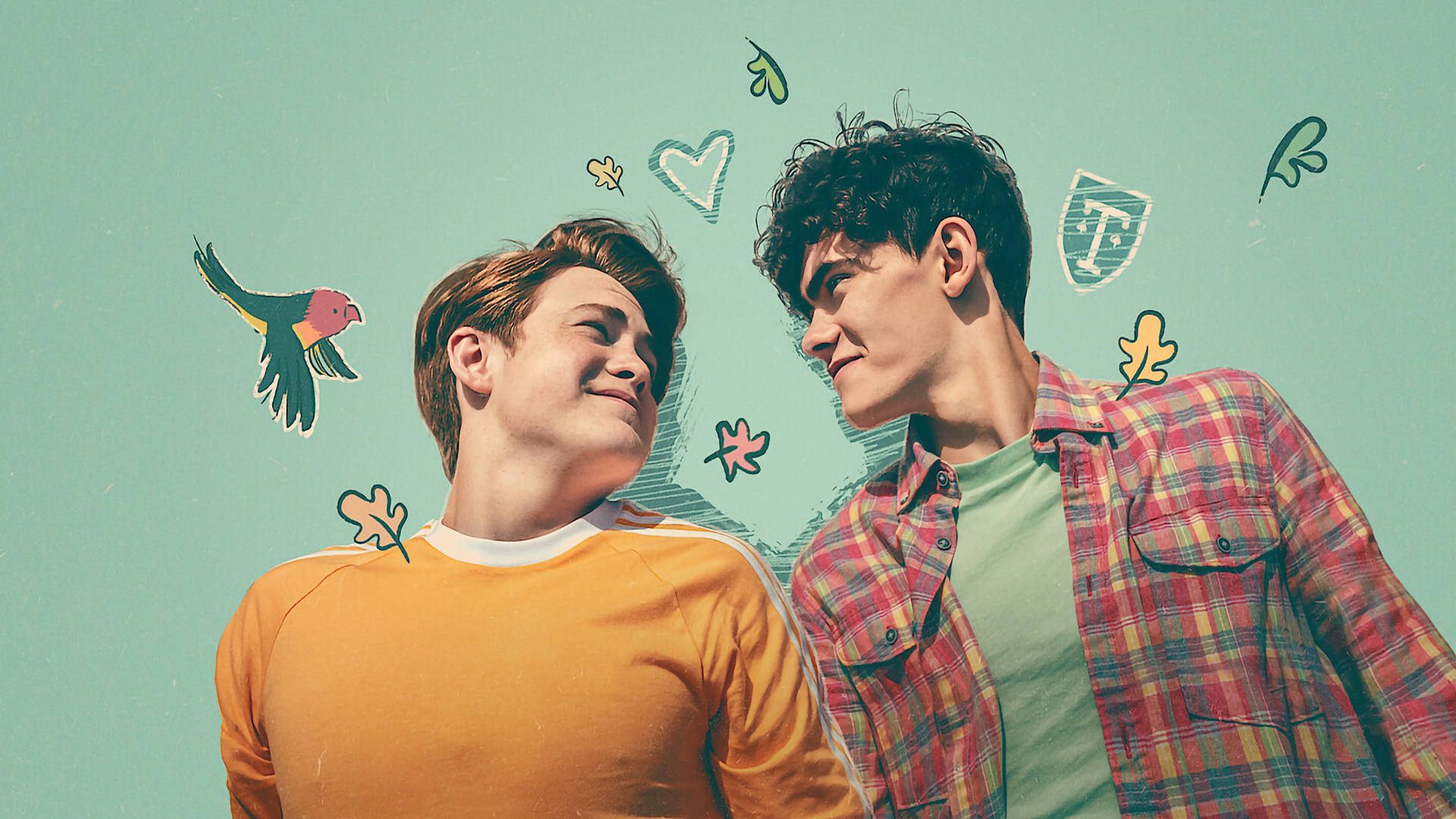 Heartstopper, teal background, whimsical hand-drawn doodles, Full HD Desktop Wallpaper