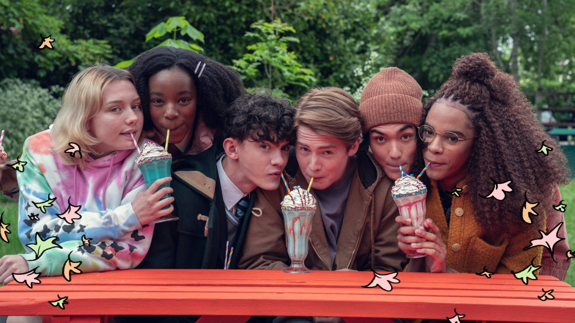 Heartstopper, milkshakes, red picnic table, Full HD Desktop Wallpaper