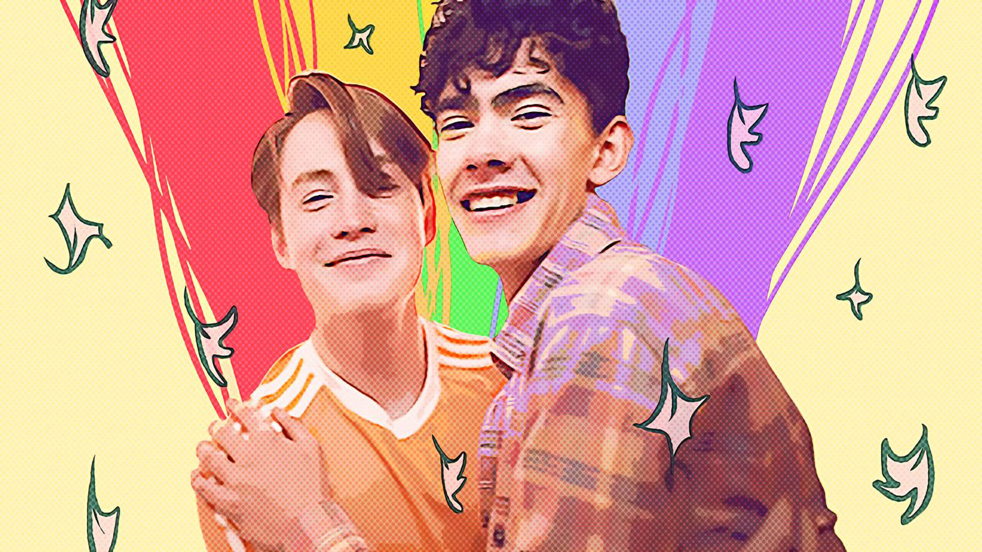 Heartstopper, LGBTQ+ couple, vibrant retro-style illustration, Full HD Desktop Wallpaper
