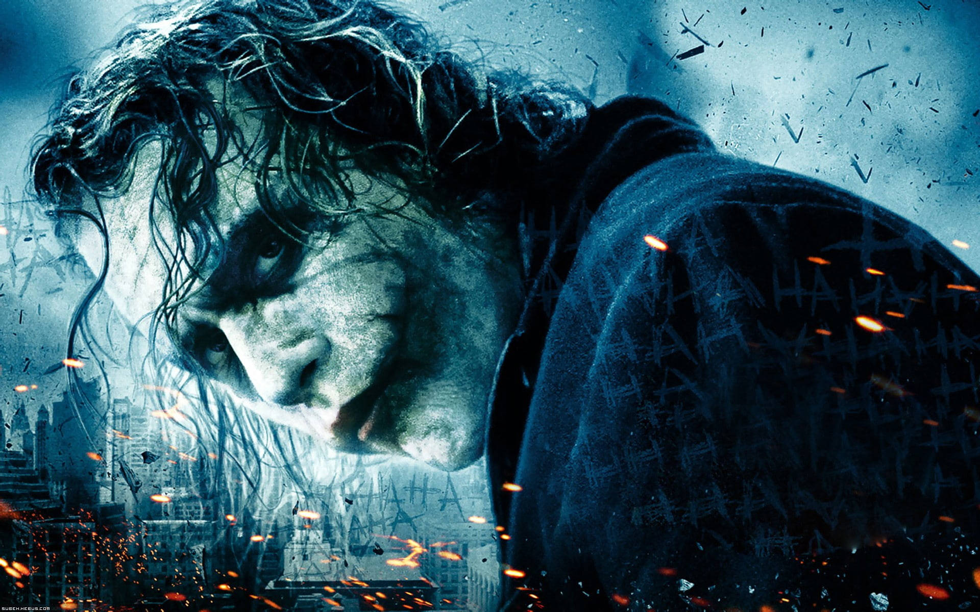 Heath Ledger Joker, smeared makeup, wild hair, Full HD Desktop Wallpaper