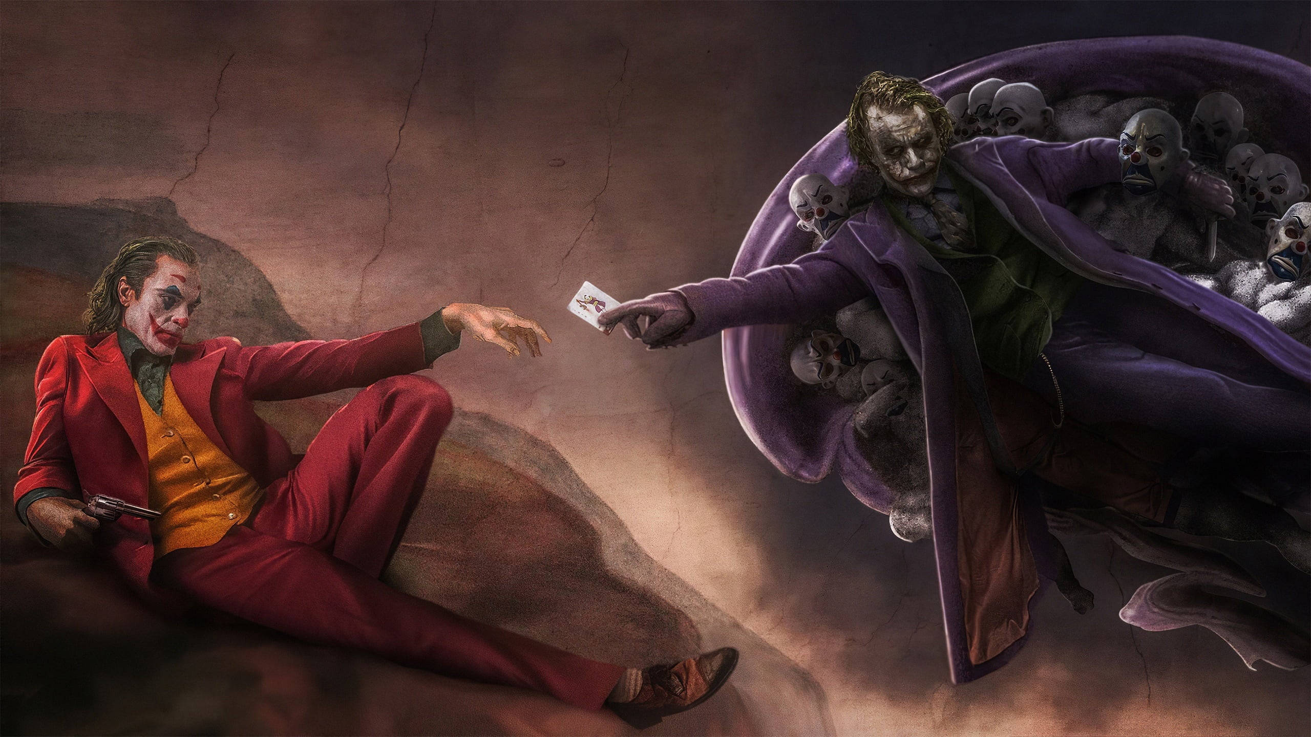 Heath Ledger Joker, red suit, purple-robed figure, 2K Desktop Wallpaper
