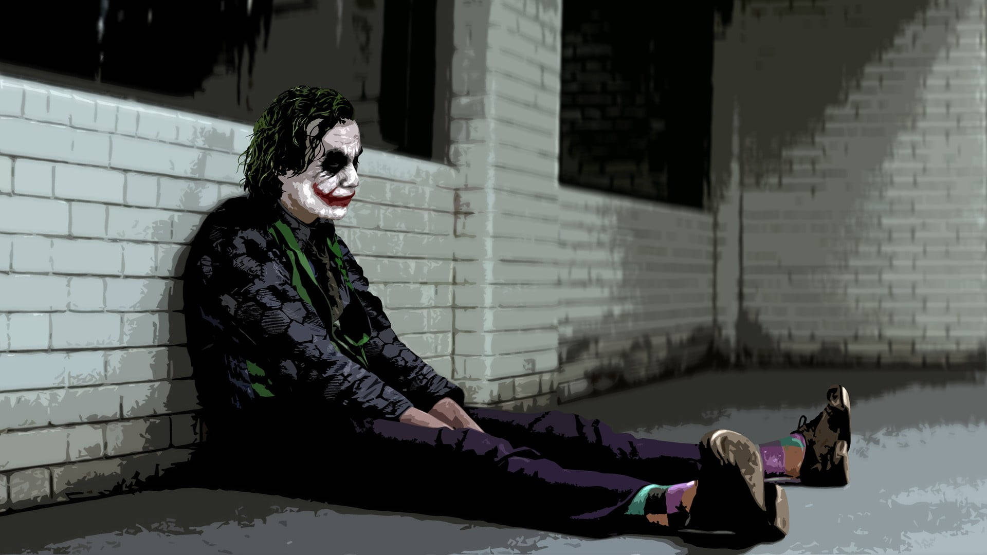 Heath Ledger Joker, white brick wall, gritty urban alley, Full HD Desktop Wallpaper