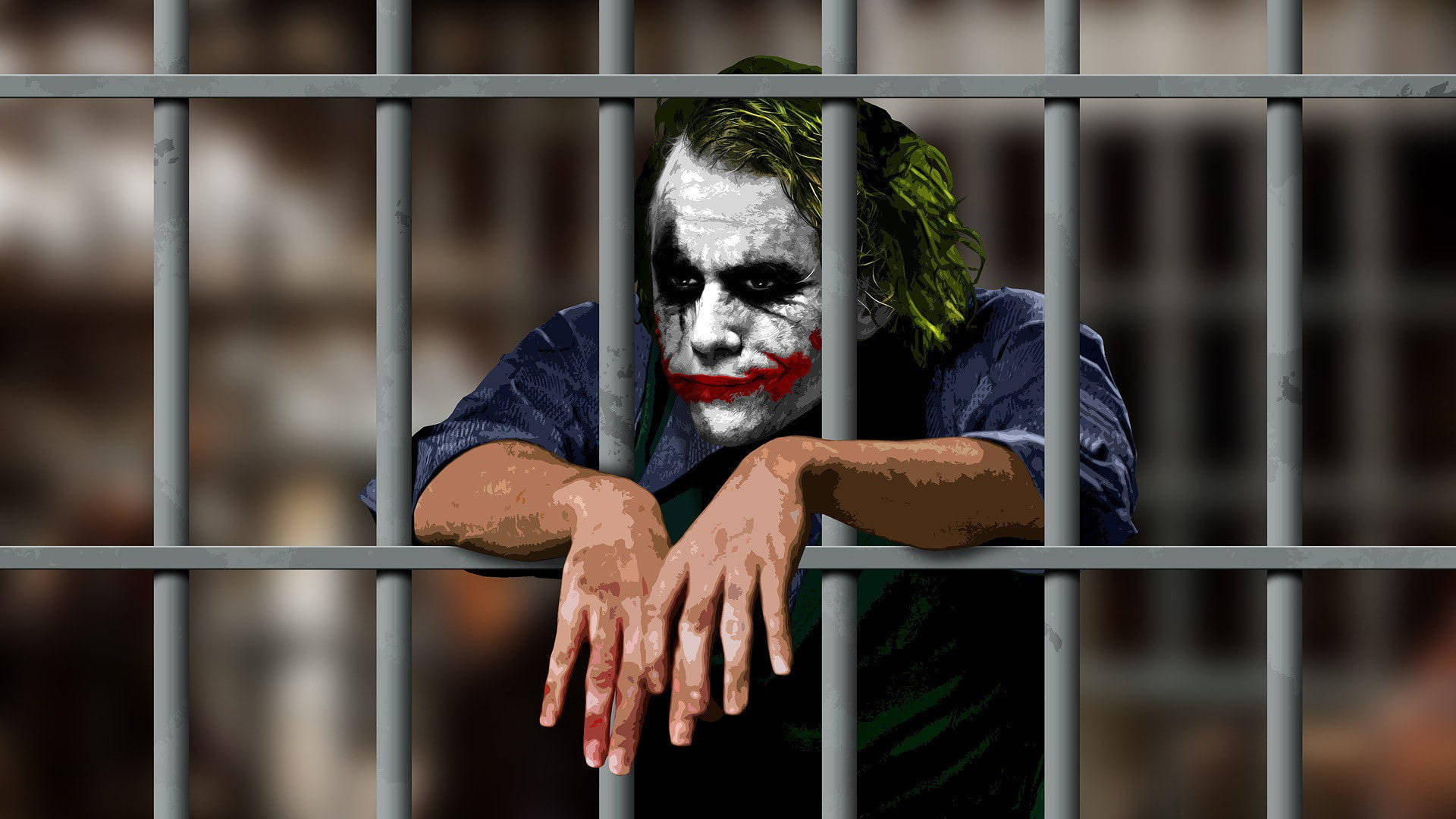 Heath Ledger Joker, prison bars, smeared red lips, Full HD Desktop Wallpaper