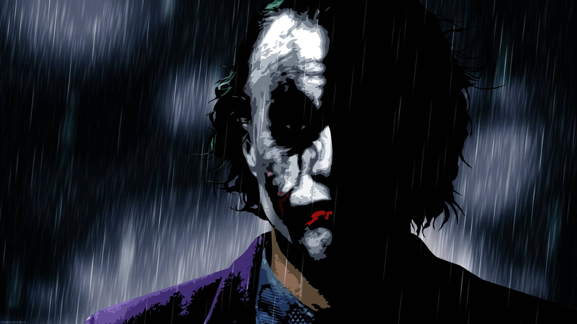 Heath Ledger Joker, stormy backdrop, heavy rain, Full HD Desktop Wallpaper
