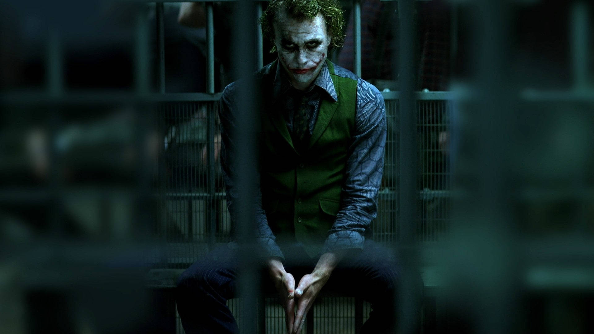 Heath Ledger Joker, prison bars, dimly lit cell, Full HD Desktop Wallpaper