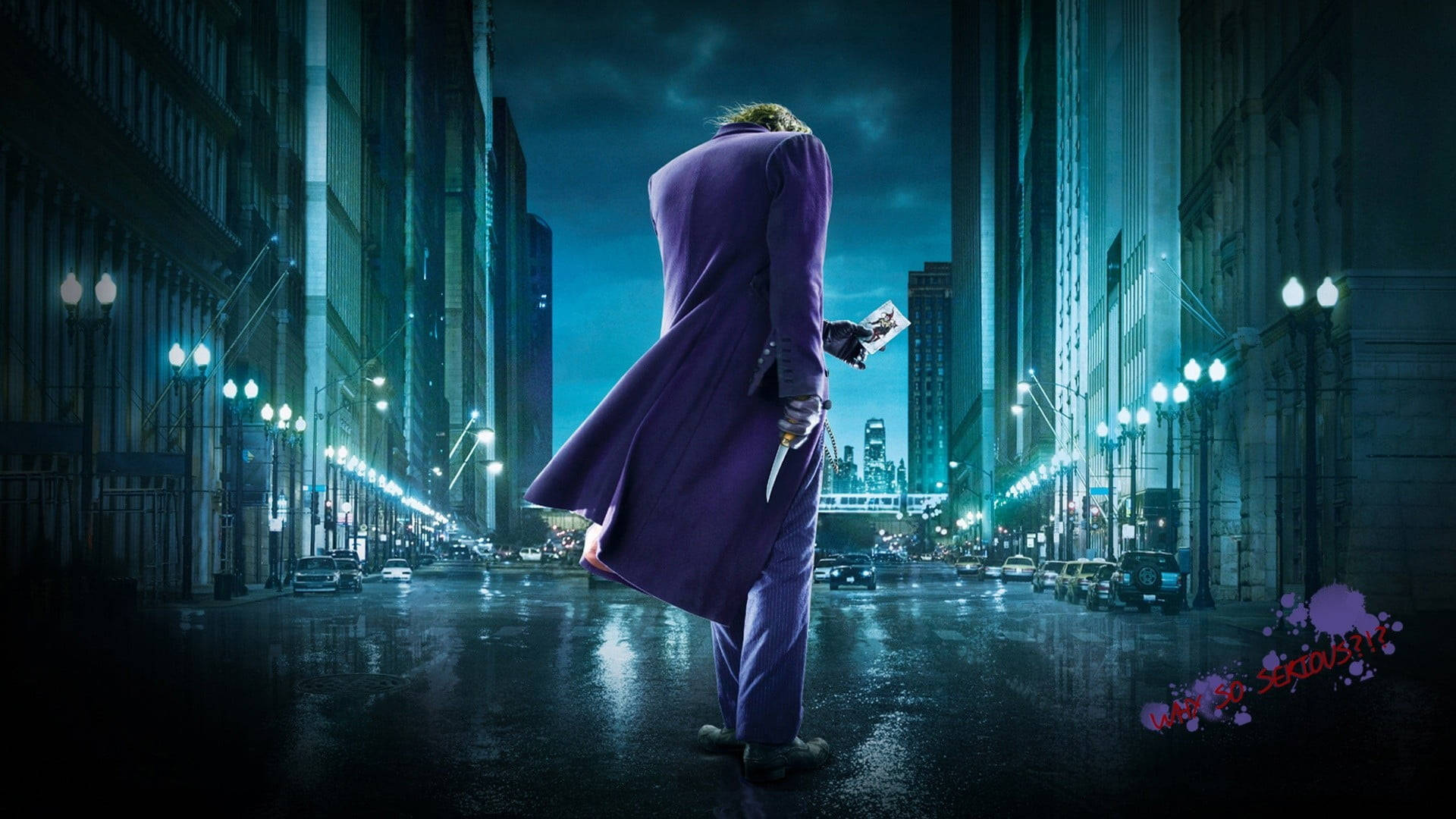 Heath Ledger Joker, purple suit, rain-slicked city street, Full HD Desktop Wallpaper