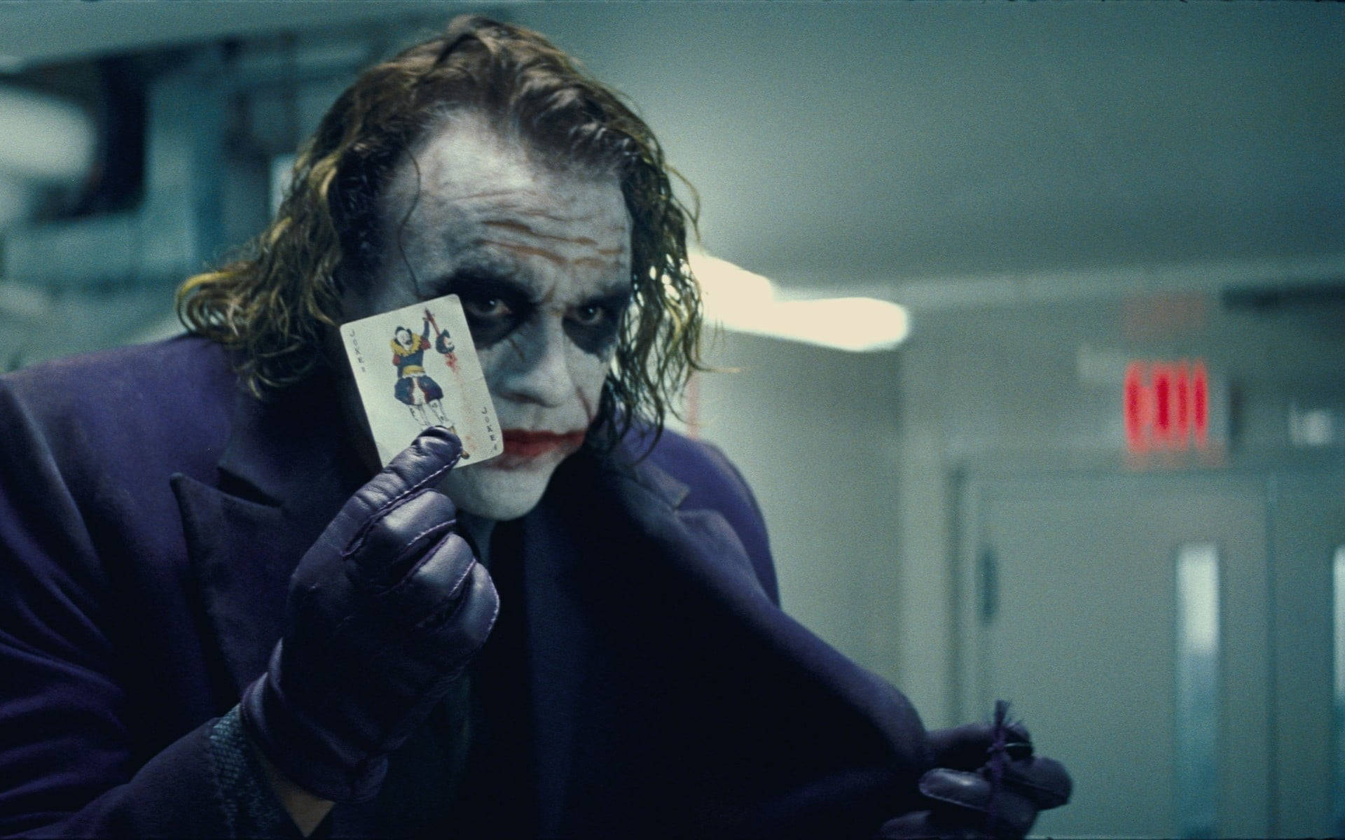 Heath Ledger Joker, playing card, dimly lit hallway, Full HD Desktop Wallpaper