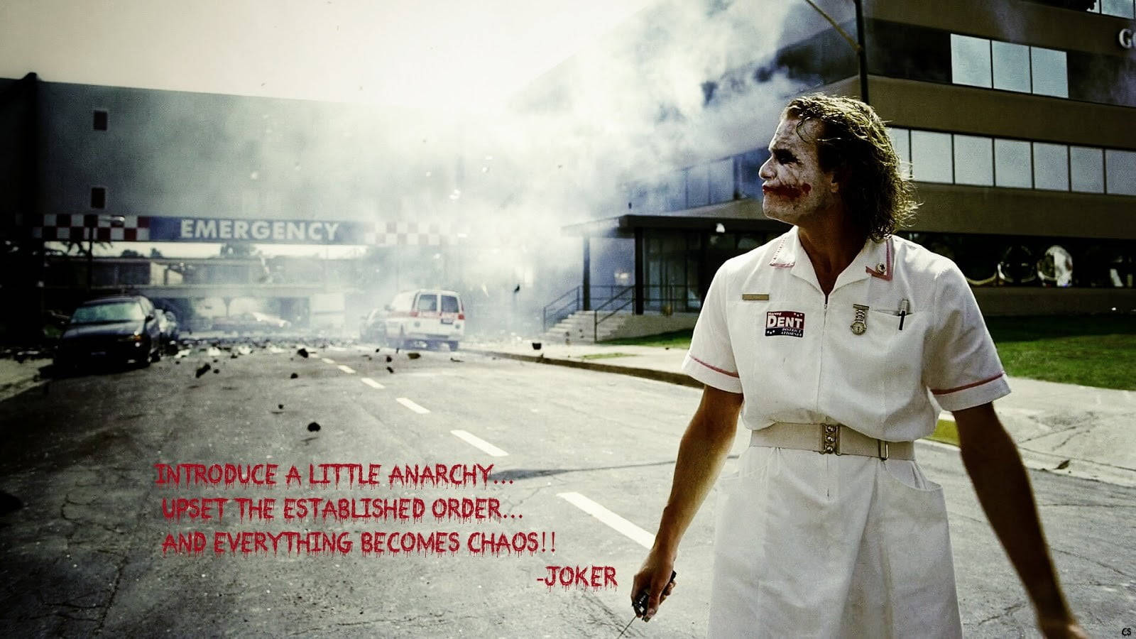 Heath Ledger Joker, hospital explosion scene, white nurse uniform, HD Desktop Wallpaper