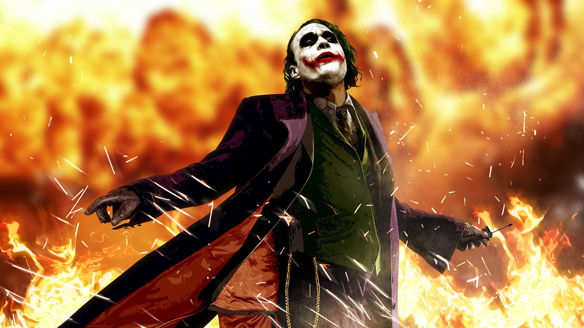 Heath Ledger Joker, fire, roaring flames, Full HD Desktop Wallpaper