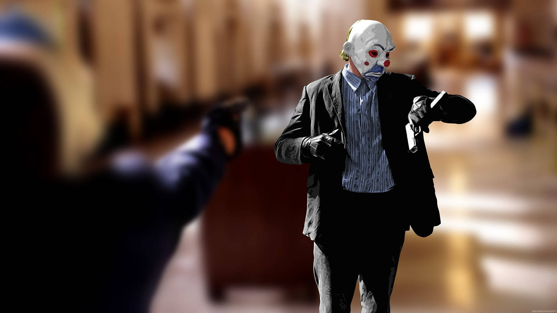 Heath Ledger Joker, bank heist, white clown mask, Full HD Desktop Wallpaper