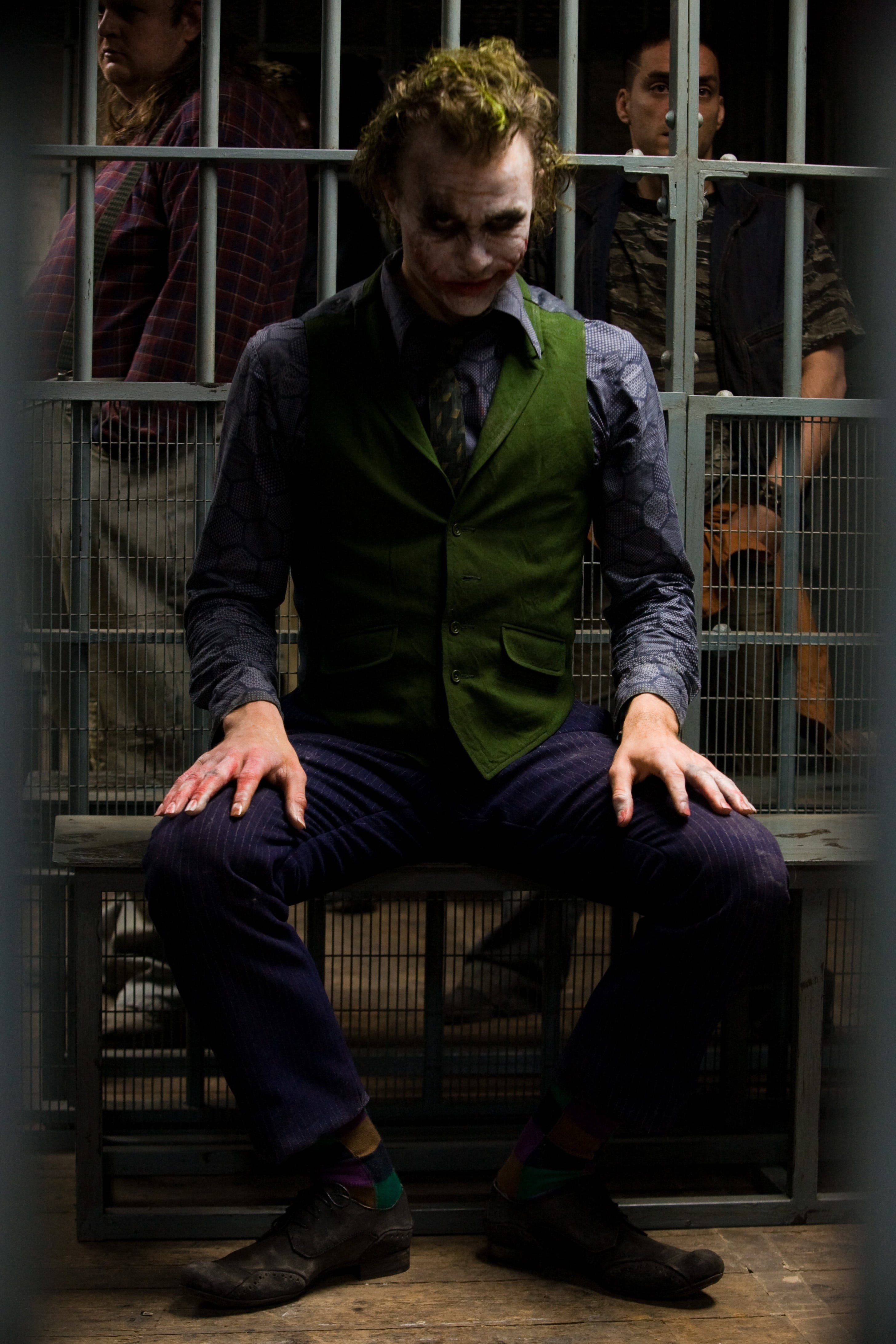Heath Ledger Joker, prison cell, green vest, 4K Phone Wallpaper