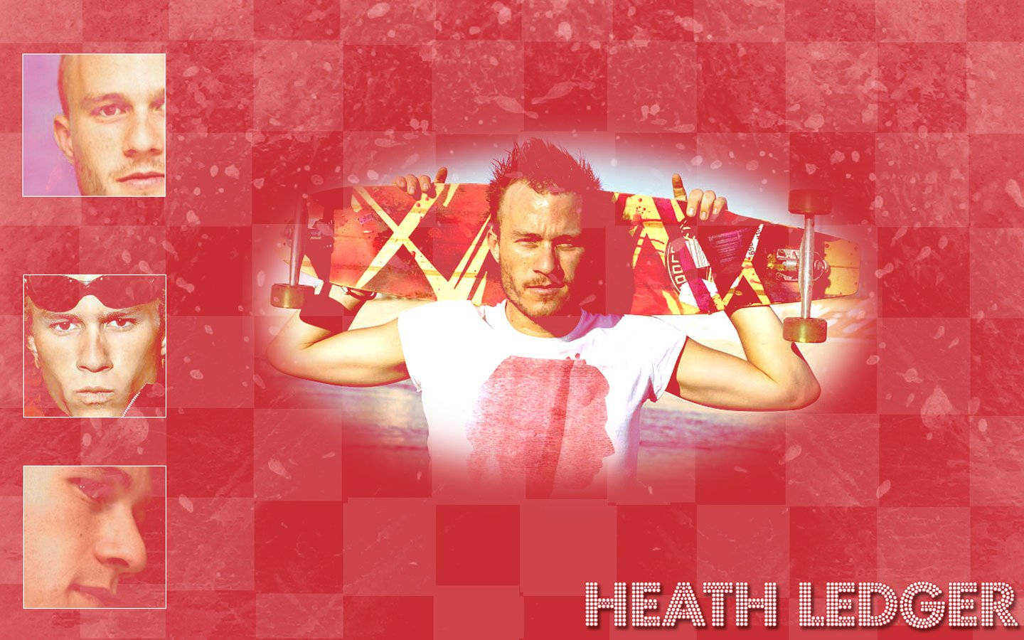 Heath Ledger, skateboard, red checkered background, HD Desktop Wallpaper