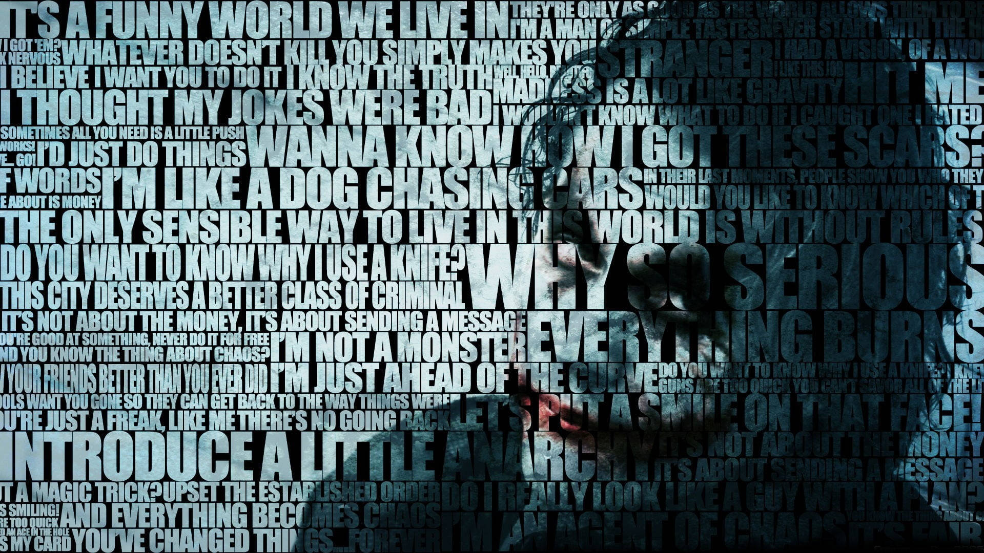 Heath Ledger Joker, scarred face, fragmented dark text, Full HD Desktop Wallpaper