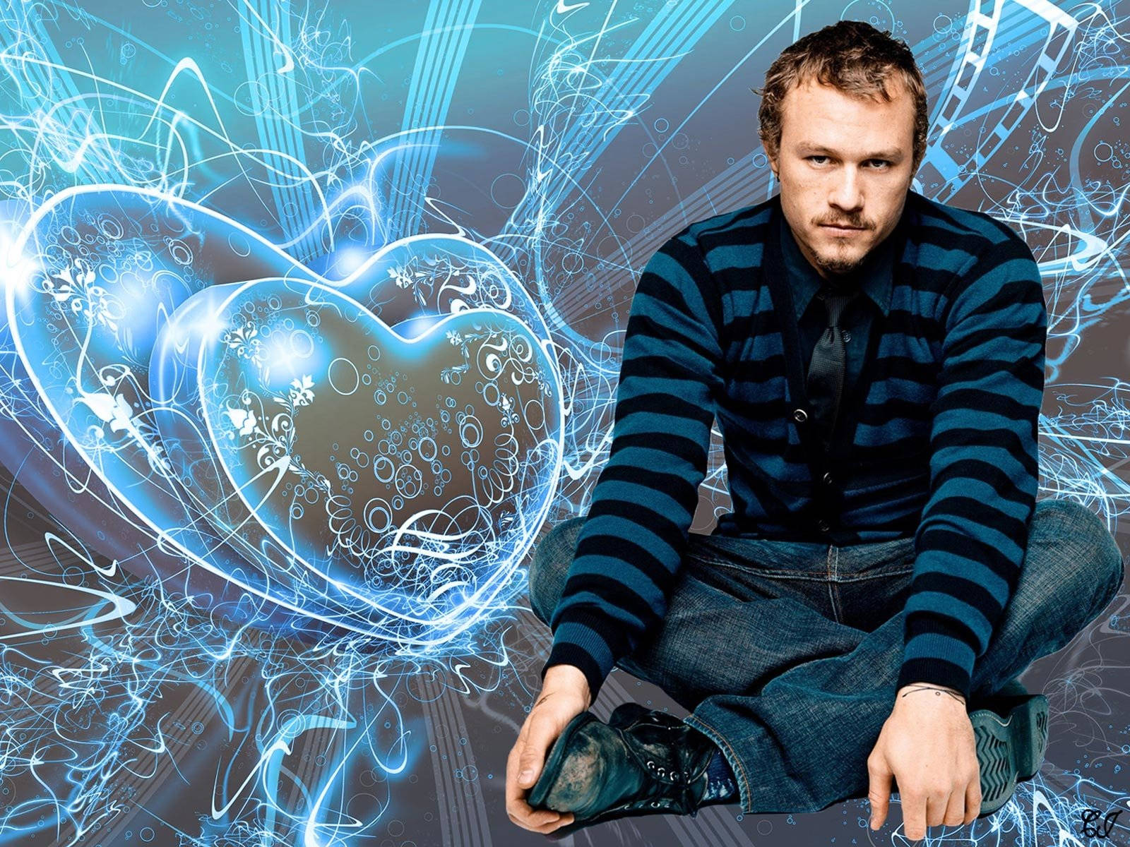 Heath Ledger, striped sweater, glowing blue abstract heart, HD Desktop Wallpaper
