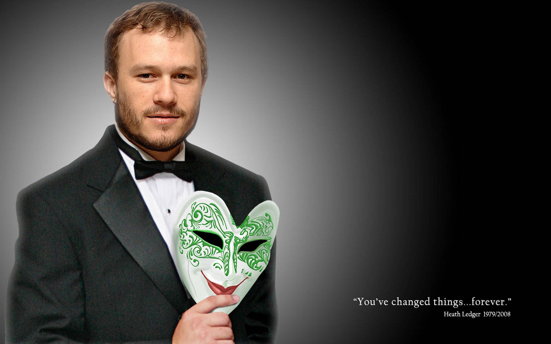 Heath Ledger, tuxedo, green ornate heart-shaped mask, Full HD Desktop Wallpaper