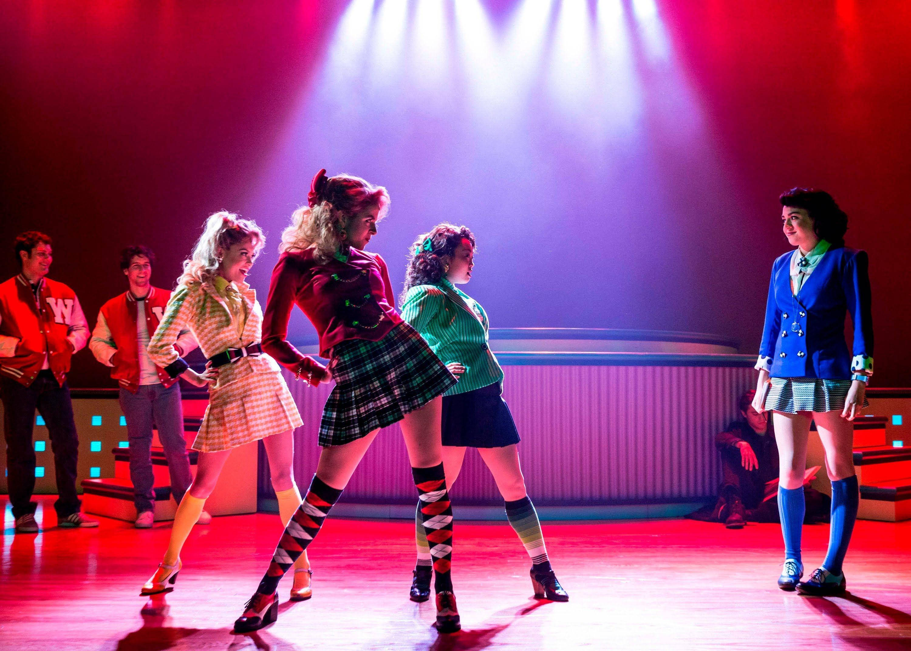 Heathers, retro school uniforms, dramatic red and purple spotlights, 2K Desktop Wallpaper