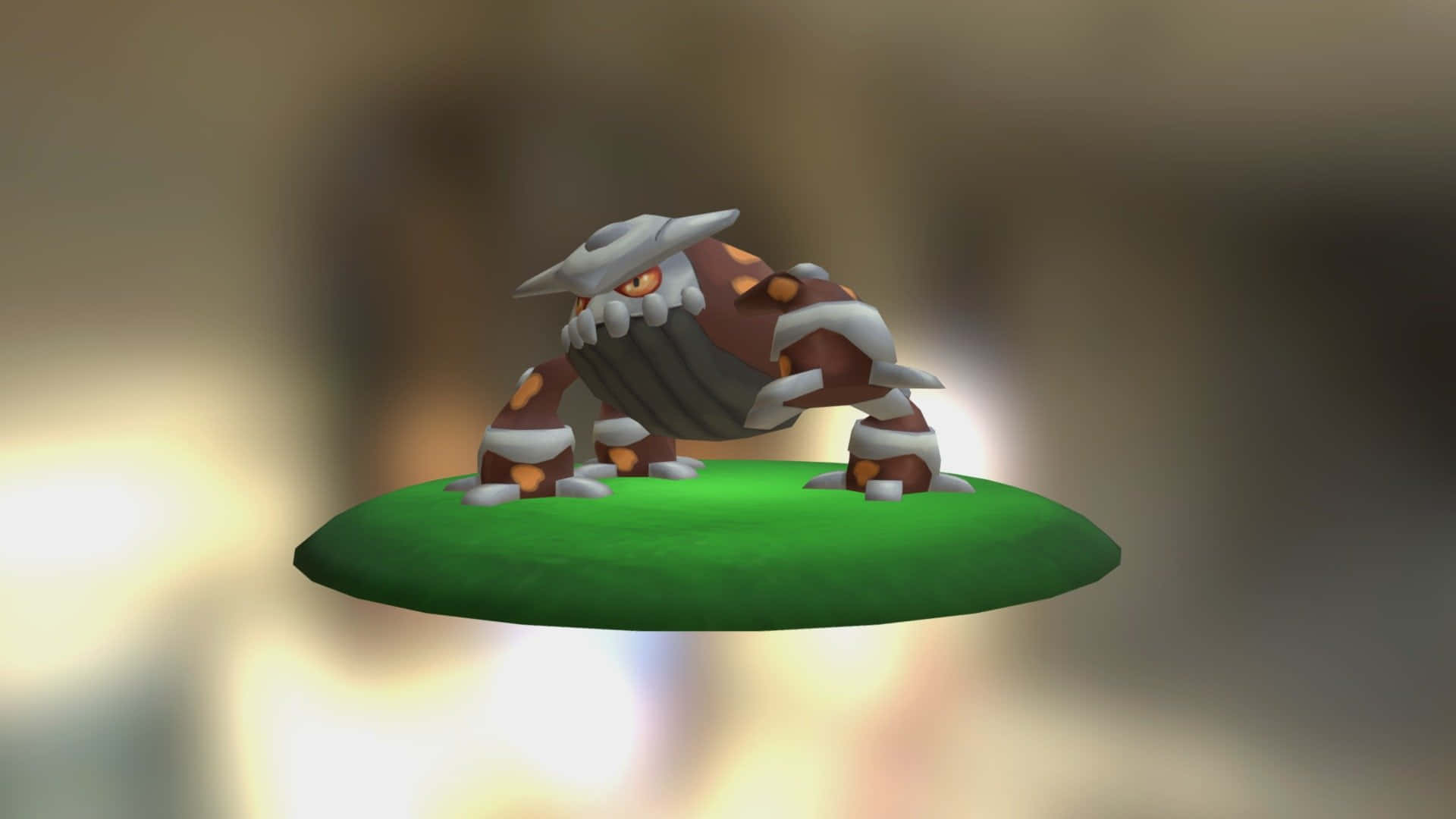 Heatran, brown and white armor, floating green patch of grass, Full HD Desktop Wallpaper