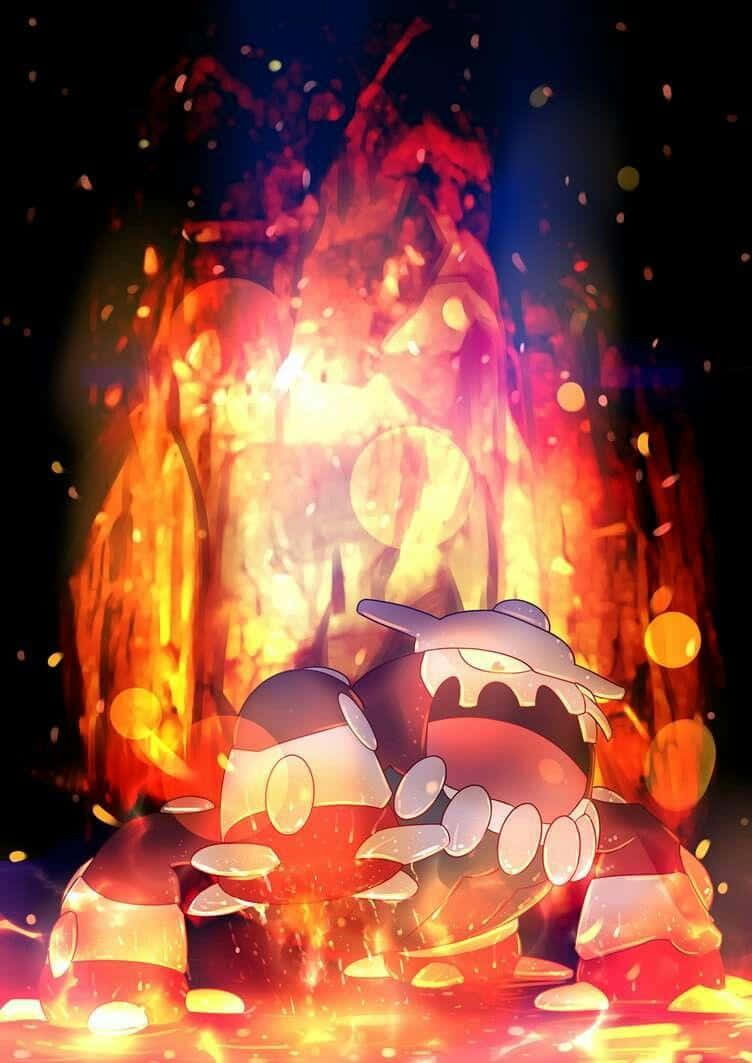 Heatran, glowing lava fountain, dark sky, SD Phone Wallpaper
