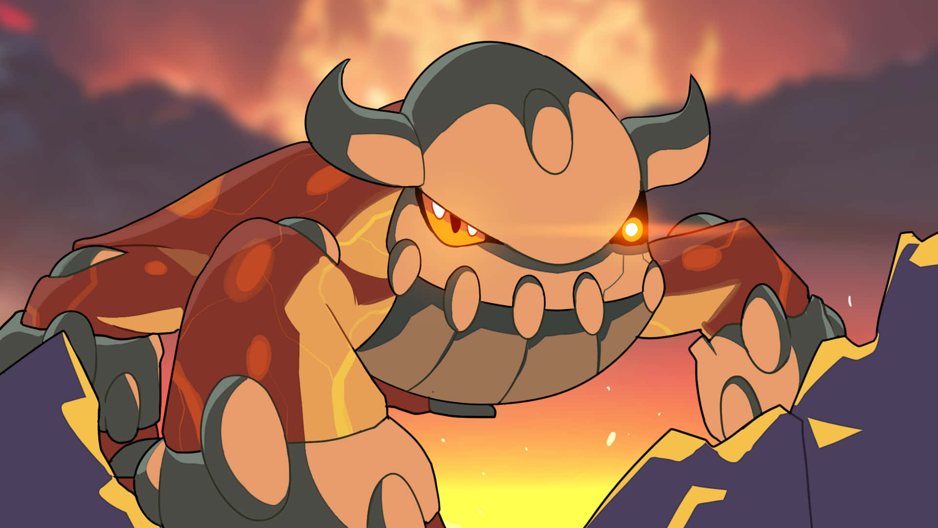Heatran, glowing eyes, fiery bull-like anime monster, Full HD Desktop Wallpaper