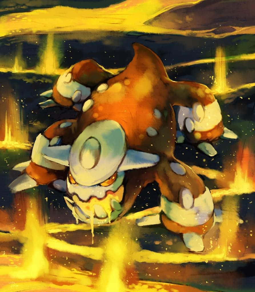 Heatran, fiery orange and white, glowing eyes, SD Phone Wallpaper