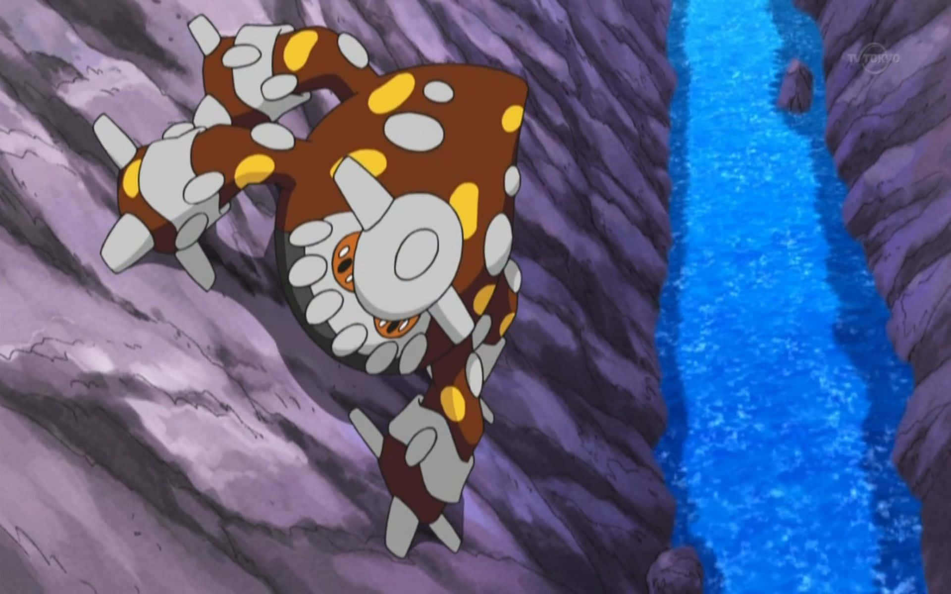 Heatran, brown yellow and white segments, purple rock, Full HD Desktop Wallpaper