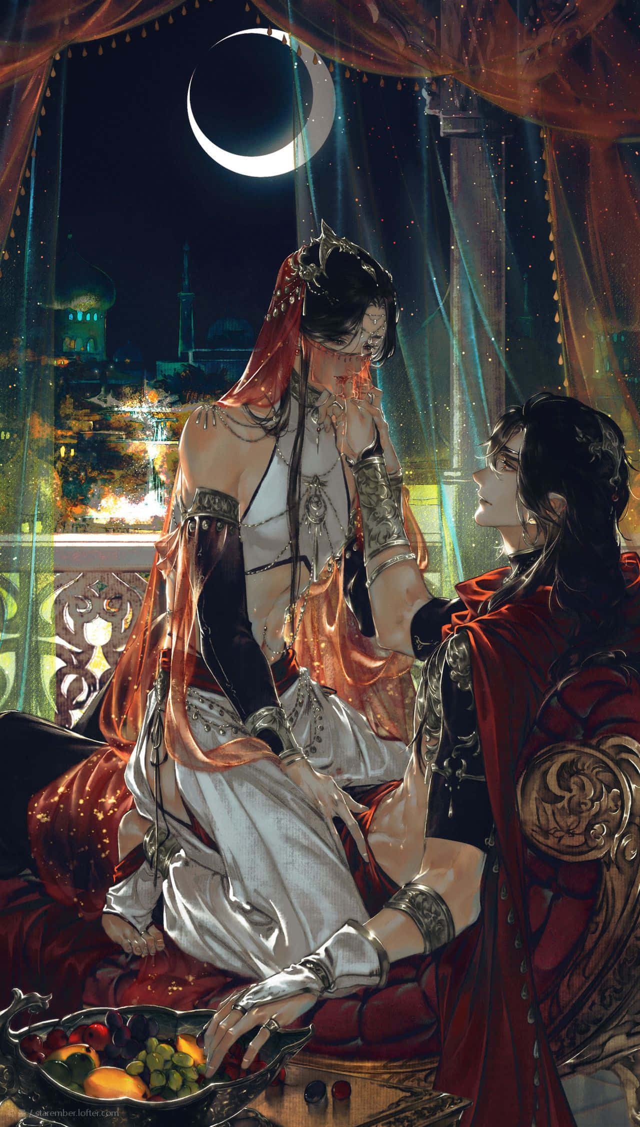 Heaven Officials Blessing, crescent moon, lavish balcony, Full HD Phone Wallpaper