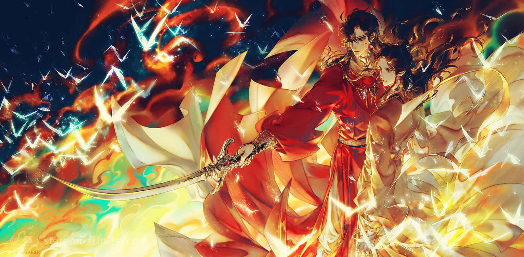 Heaven Officials Blessing, red and gold robes, swirling flames, HD Desktop Wallpaper