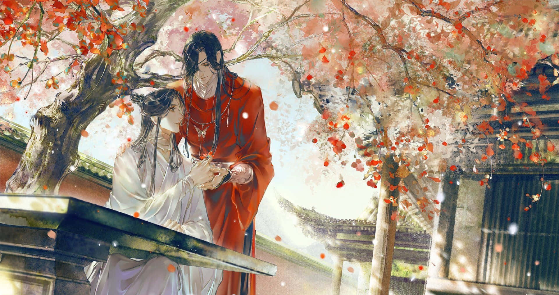 Heaven Officials Blessing, cherry tree, falling petals, Full HD Desktop Wallpaper