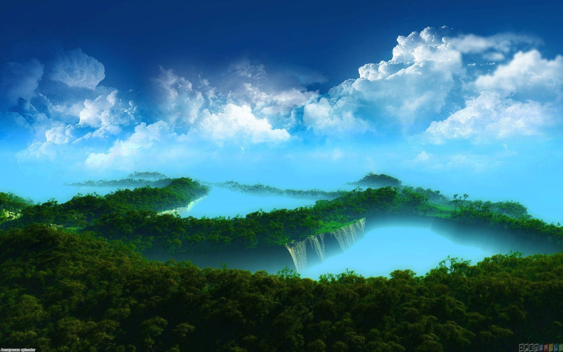 waterfall, turquoise lake, lush green forests, Full HD Desktop Wallpaper