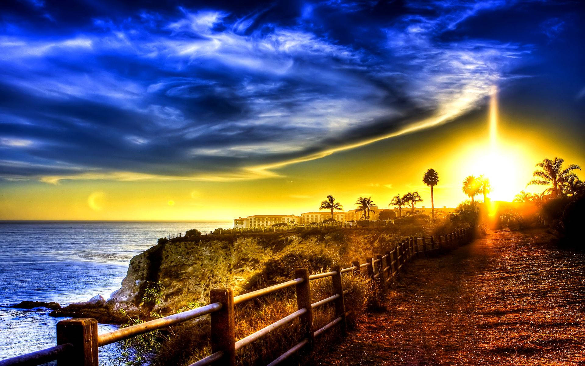 swirling blue heaven, sunset, coastal cliff, Full HD Desktop Wallpaper
