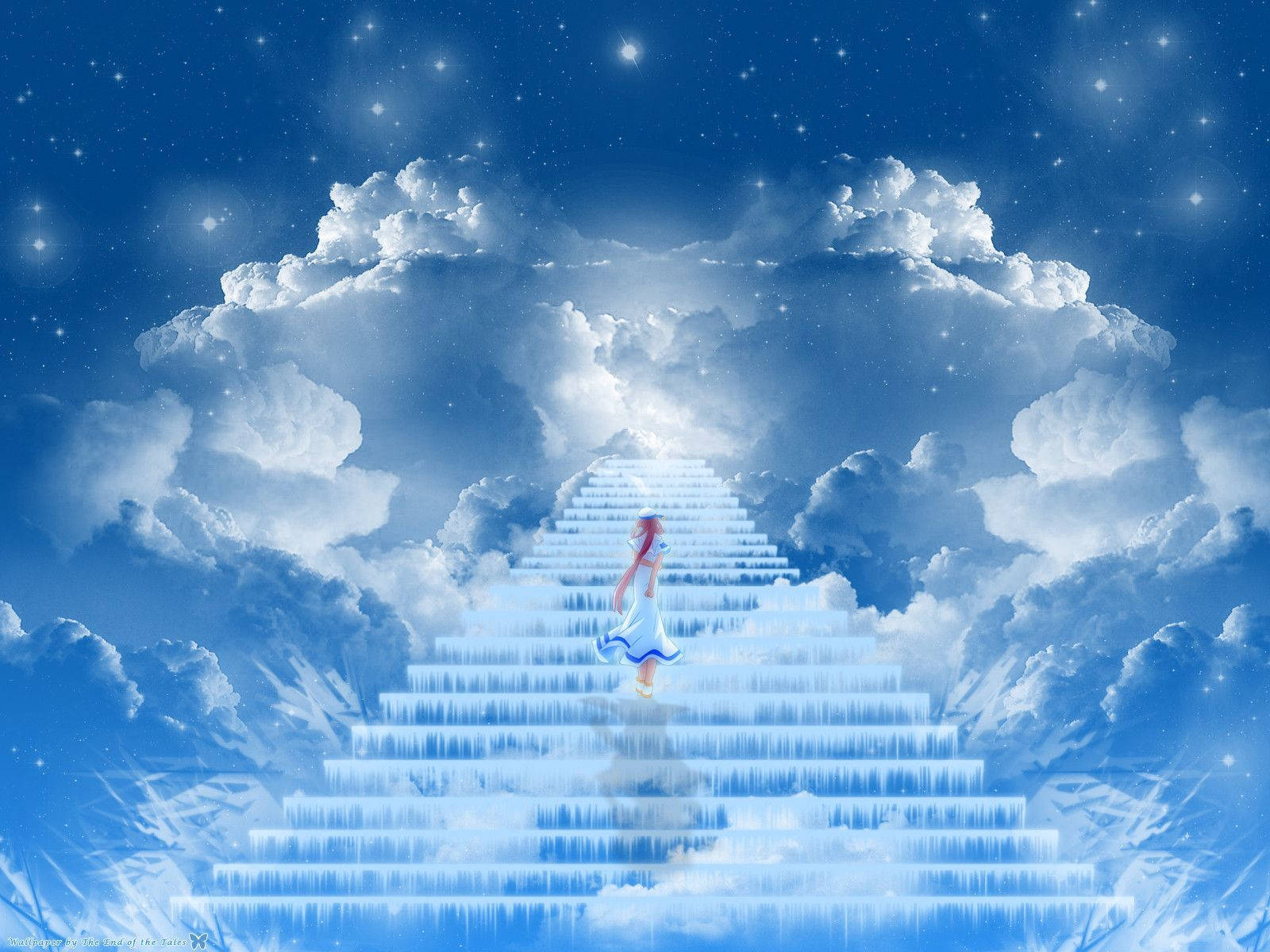 Heaven, blue dress, glowing celestial stairs, HD Desktop Wallpaper