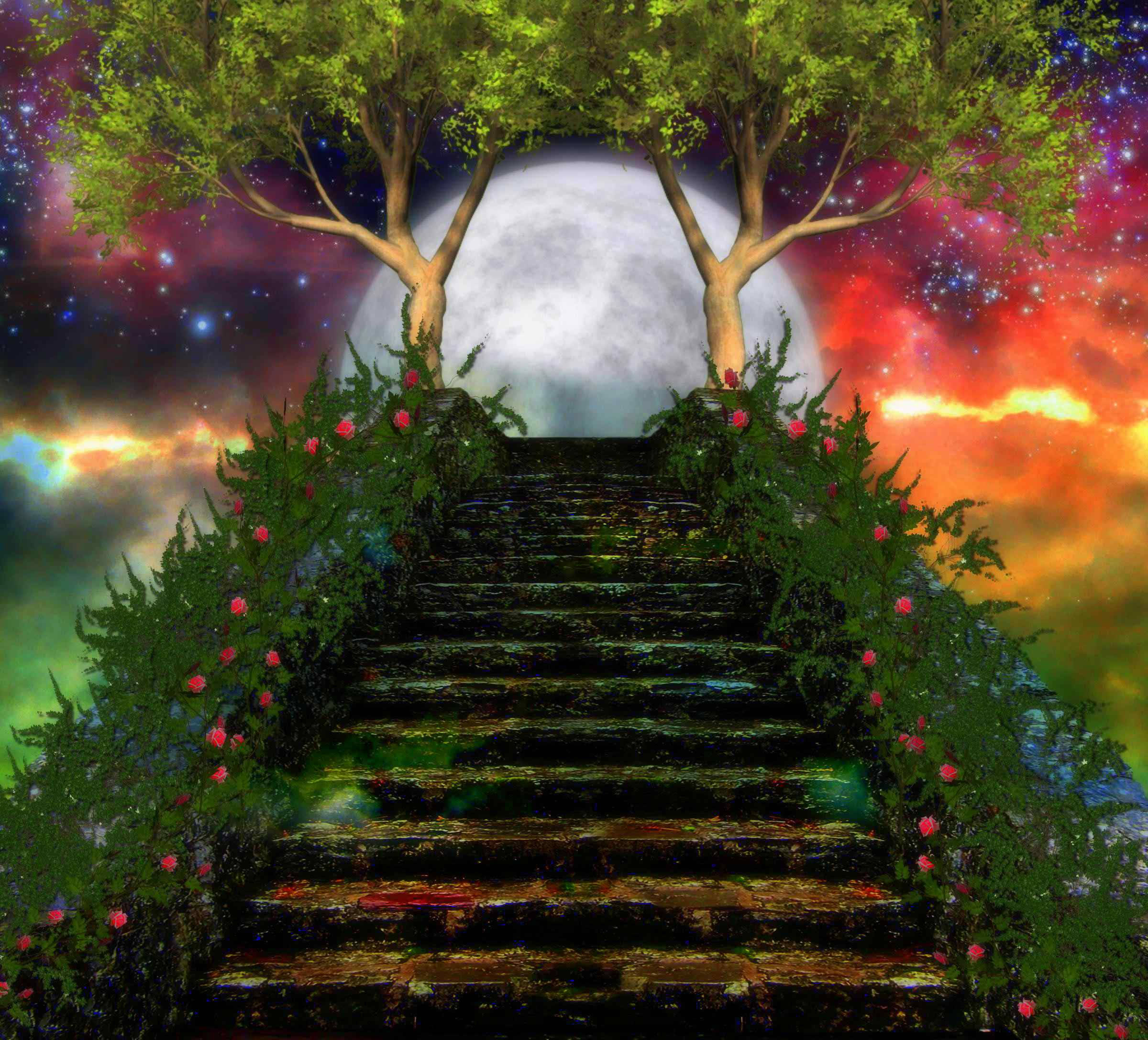 flowery pathway to heaven, mystical stone staircase, blooming roses, Full HD Desktop Wallpaper