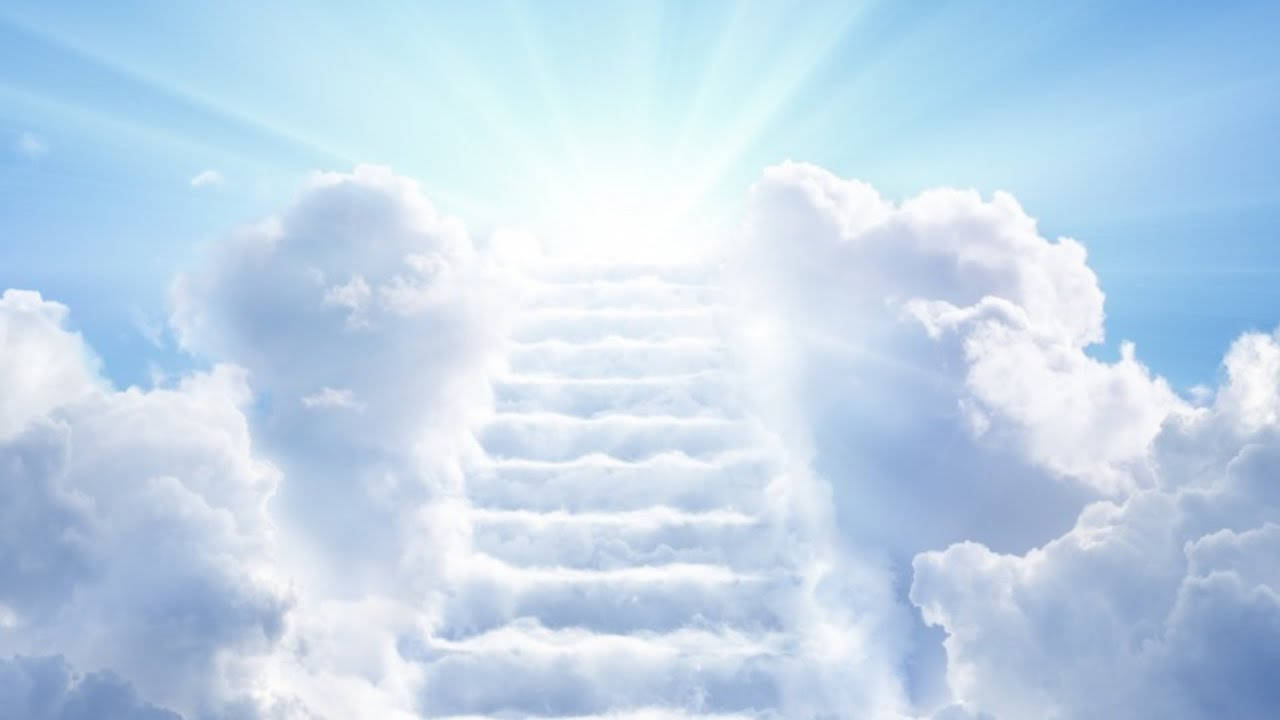 Funeral Clouds Stairway, fluffy white clouds, sunburst, HD Desktop Wallpaper