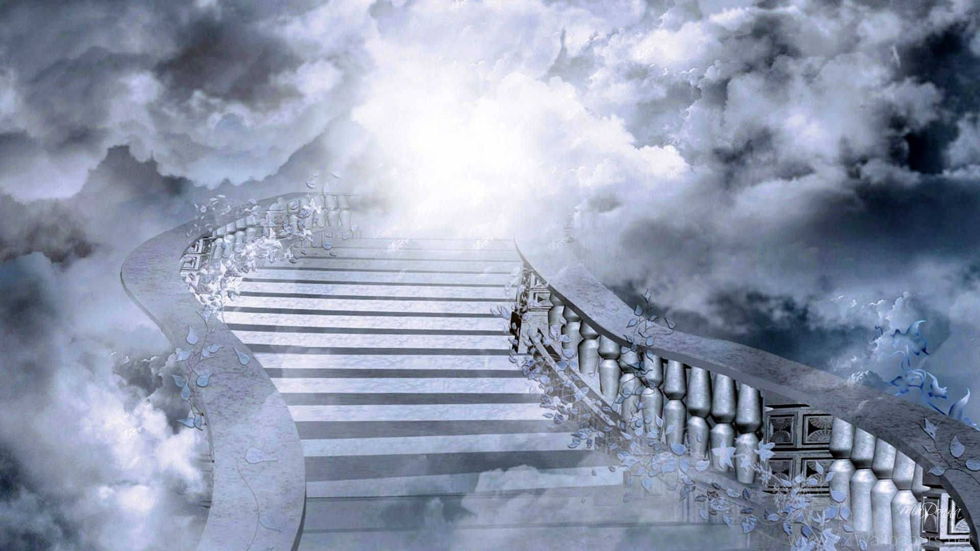 Heaven, stone staircase, stormy clouds, Full HD Desktop Wallpaper