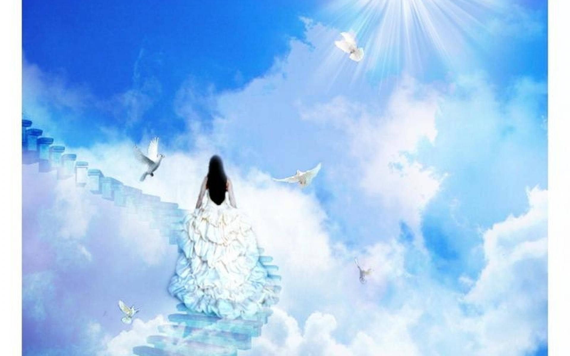 woman, stairway to heaven, white gown, Full HD Desktop Wallpaper