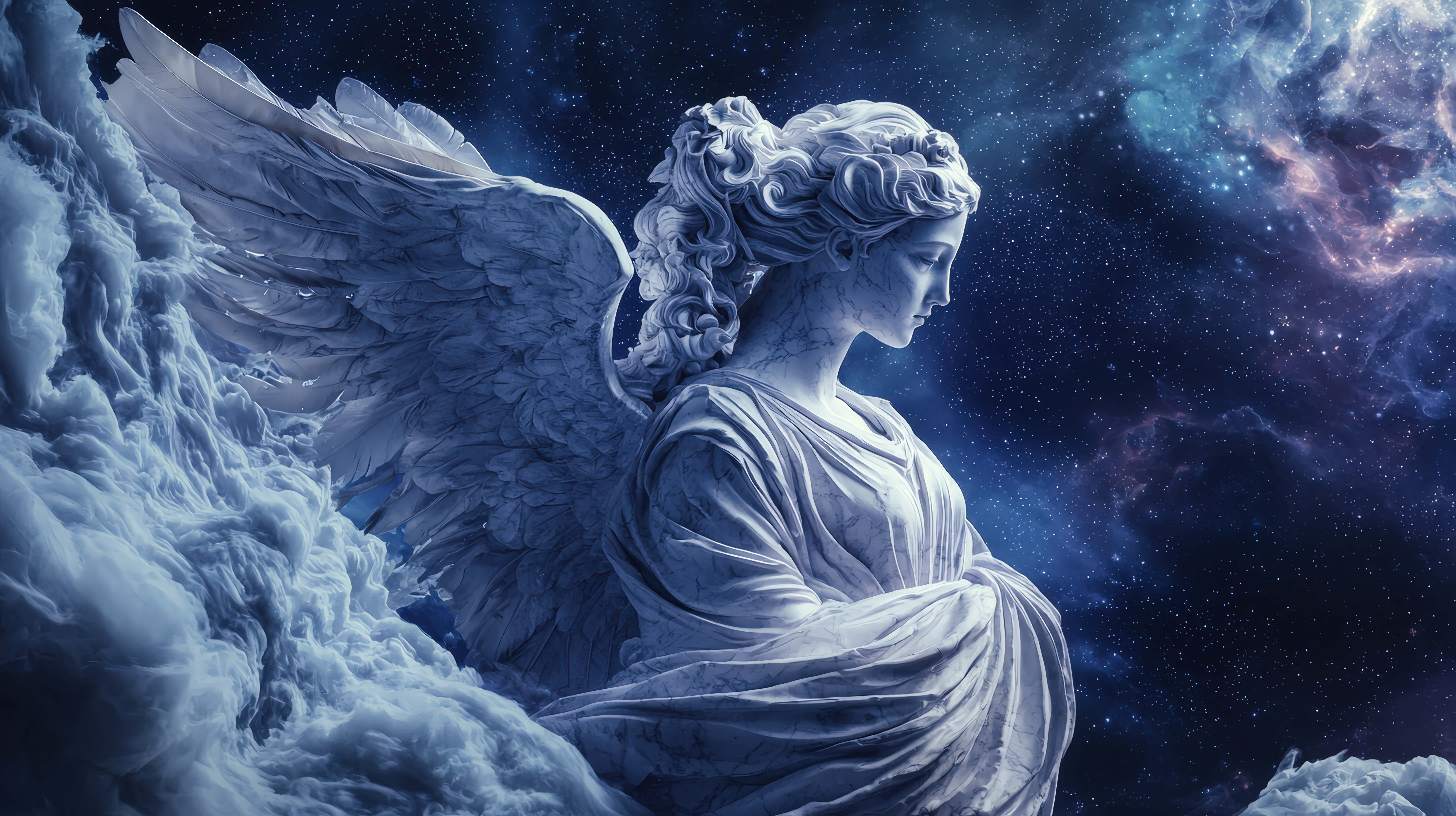 marble angel, expansive wings, celestial clouds, 8K Desktop Wallpaper