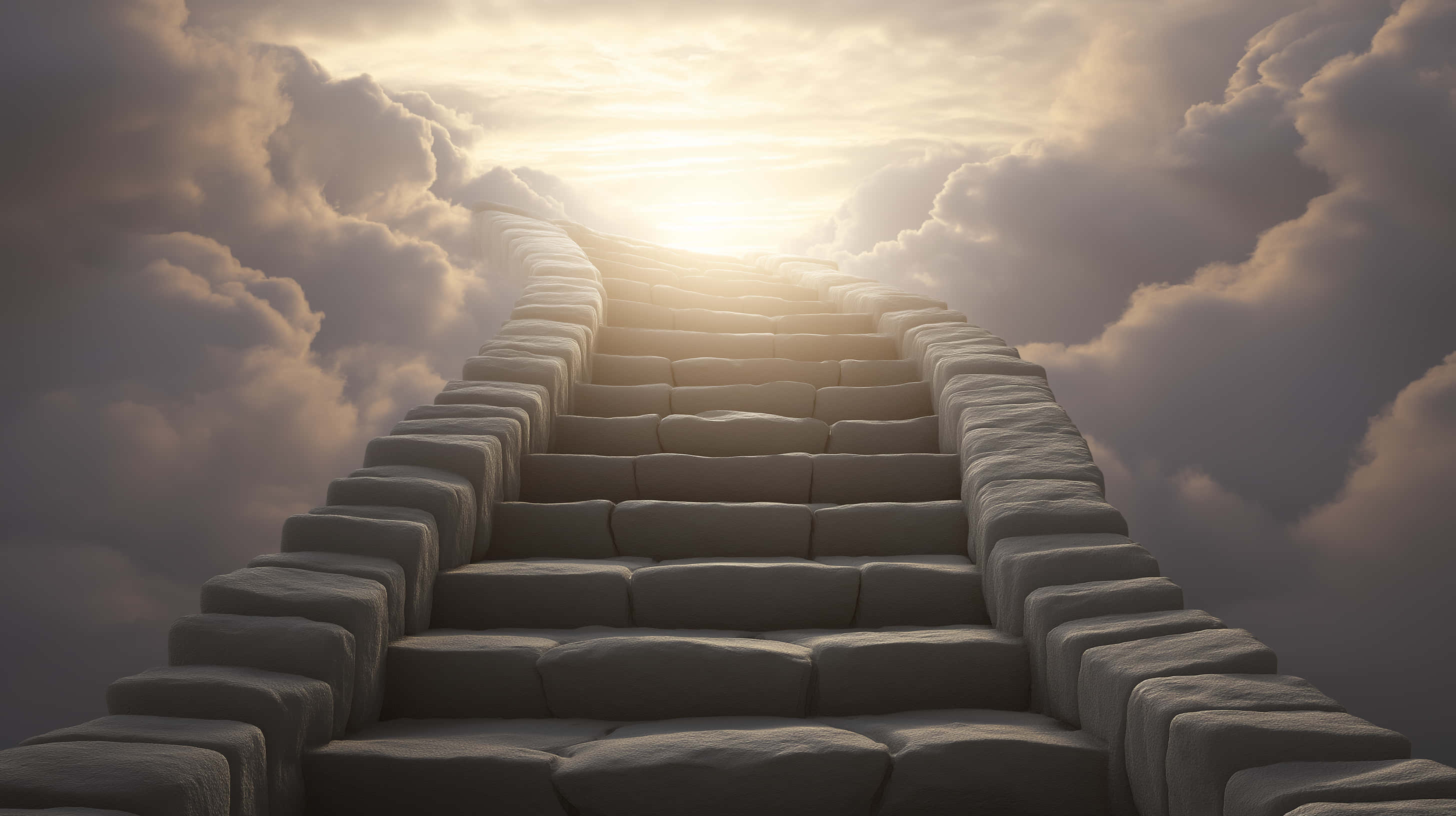 stone staircase, billowing clouds, radiant golden sunrise, 2K Desktop Wallpaper