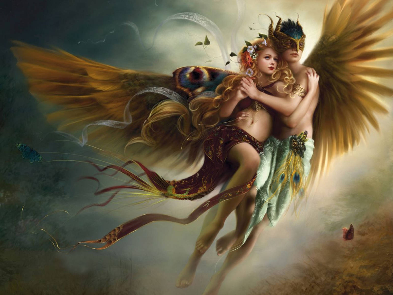 Heavenly Angels, winged couple, dreamy sky, HD Desktop Wallpaper