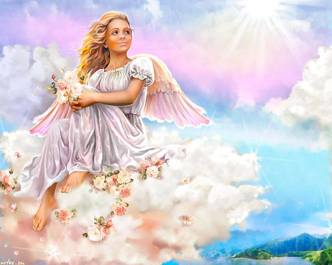 Heavenly Angels, golden hair, pink wings, HD Desktop Wallpaper