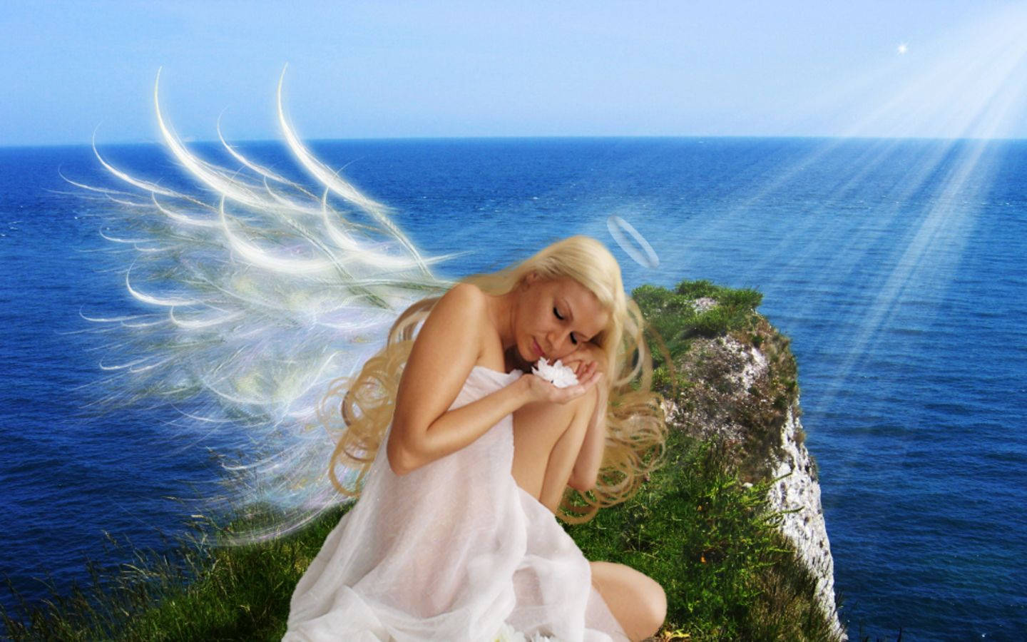 Heavenly Angels, cliff, white wings, HD Desktop Wallpaper