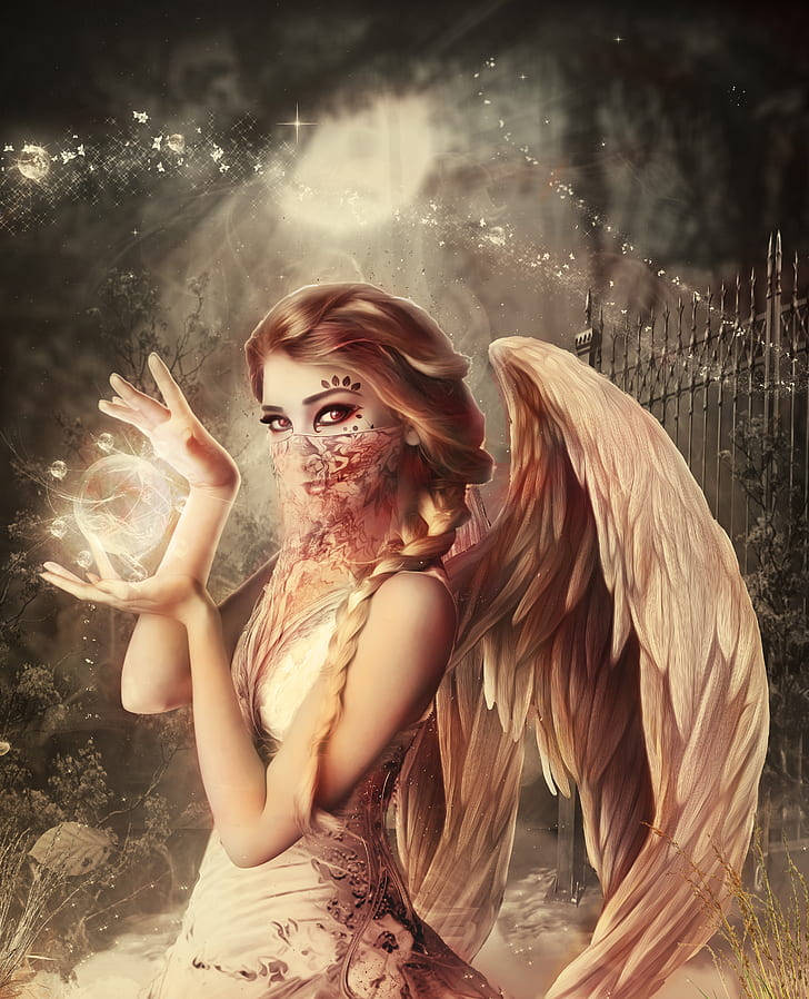 Heavenly Angels, floral mask, glowing orb, SD Phone Wallpaper