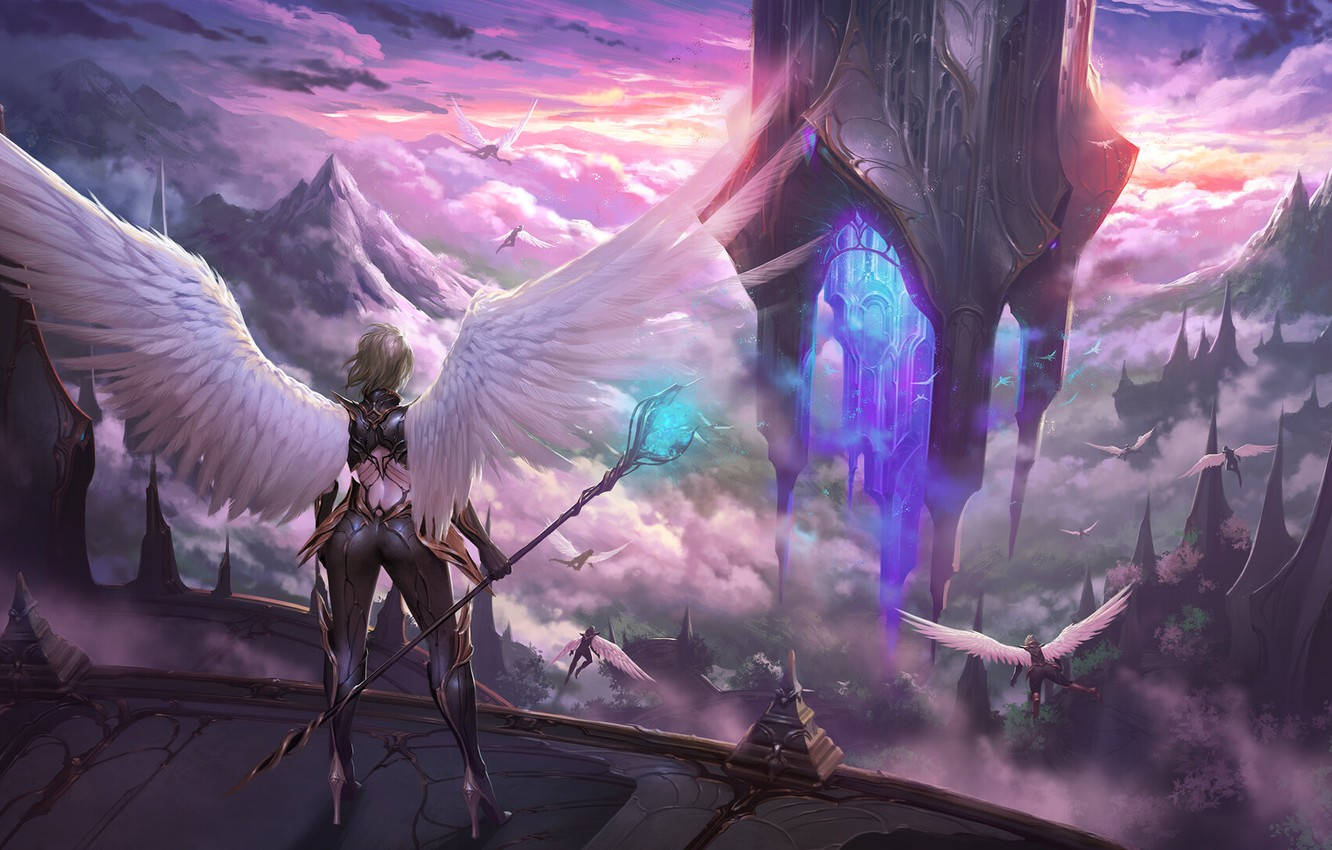 Heavenly Angels, winged angel warrior, cliff, HD Desktop Wallpaper