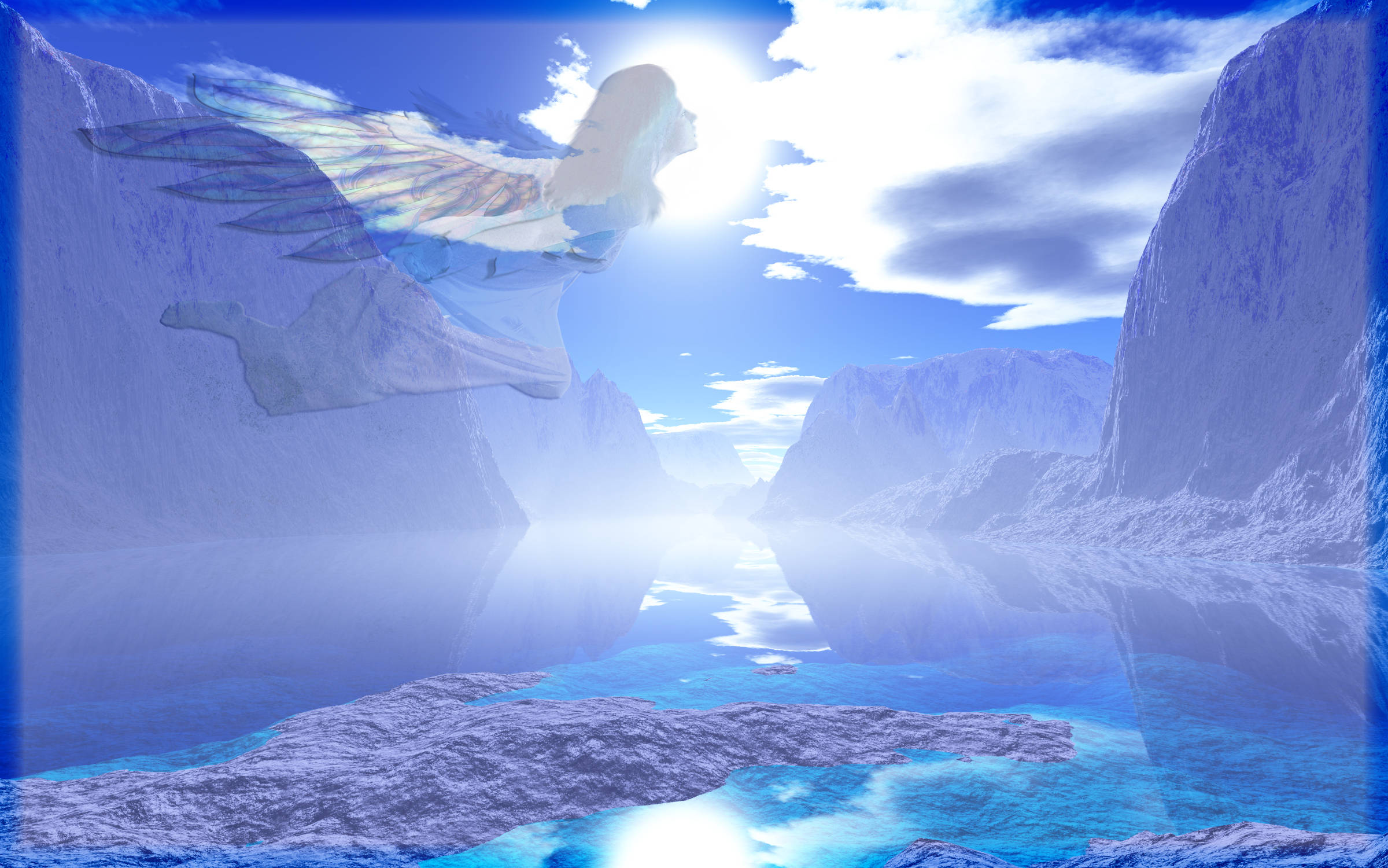 Heavenly Angels, translucent wings, icy lake, Full HD Desktop Wallpaper