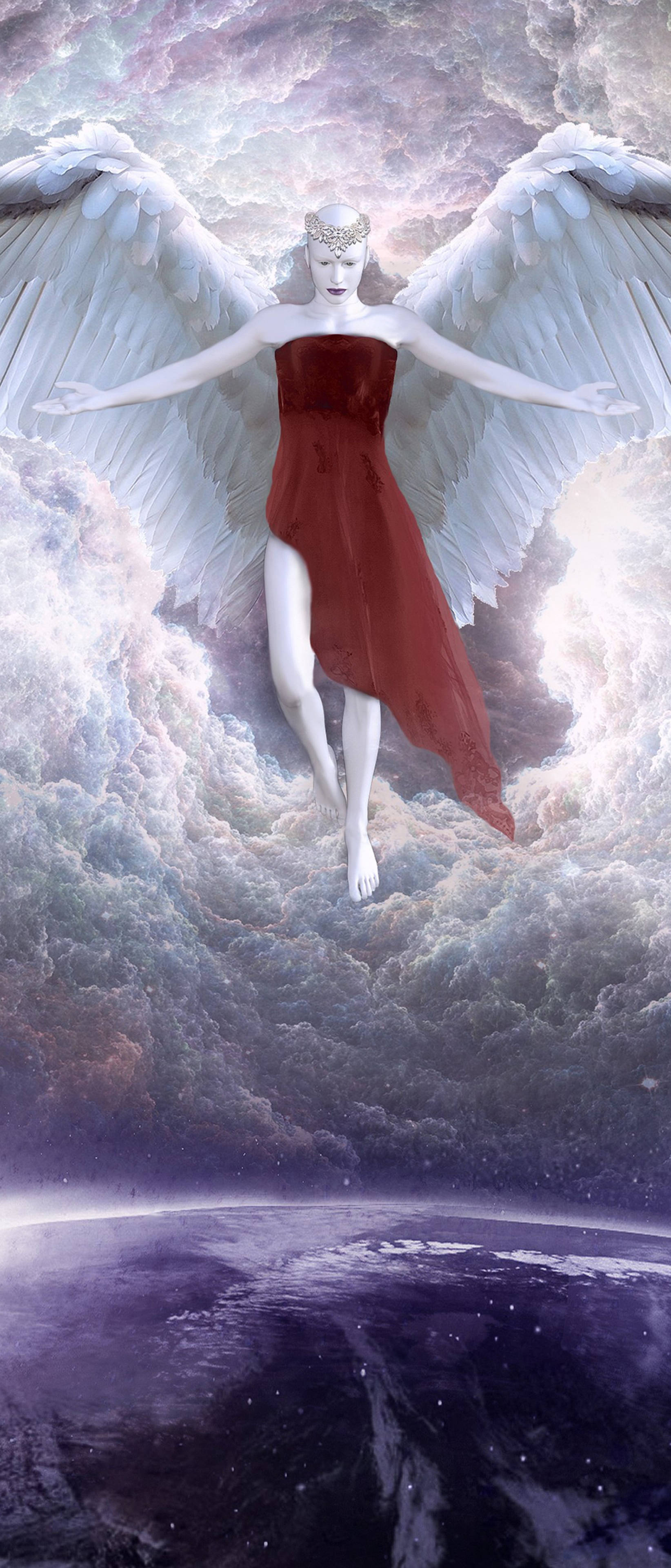 Heavenly Angels, white wings, red gown, 4K Phone Wallpaper