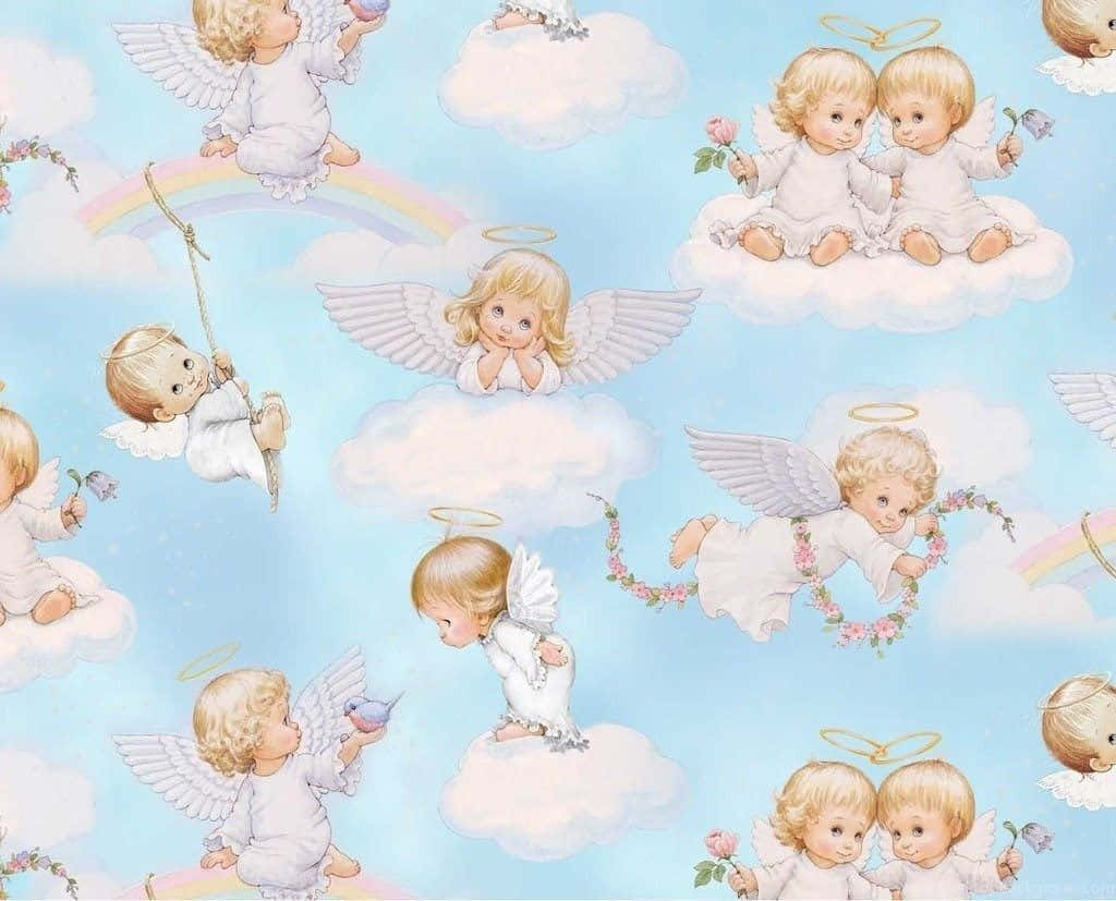 cute chubby angels, golden halos, white wings, SD Desktop Wallpaper