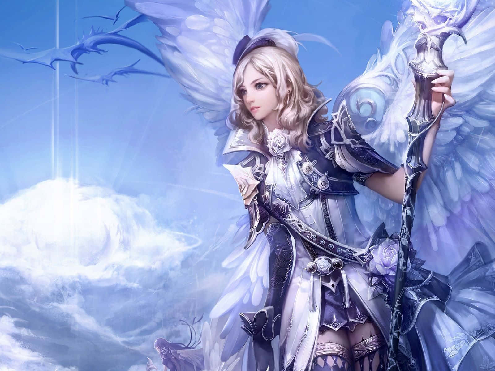angelic warrior, white wings, ornate armor, HD Desktop Wallpaper