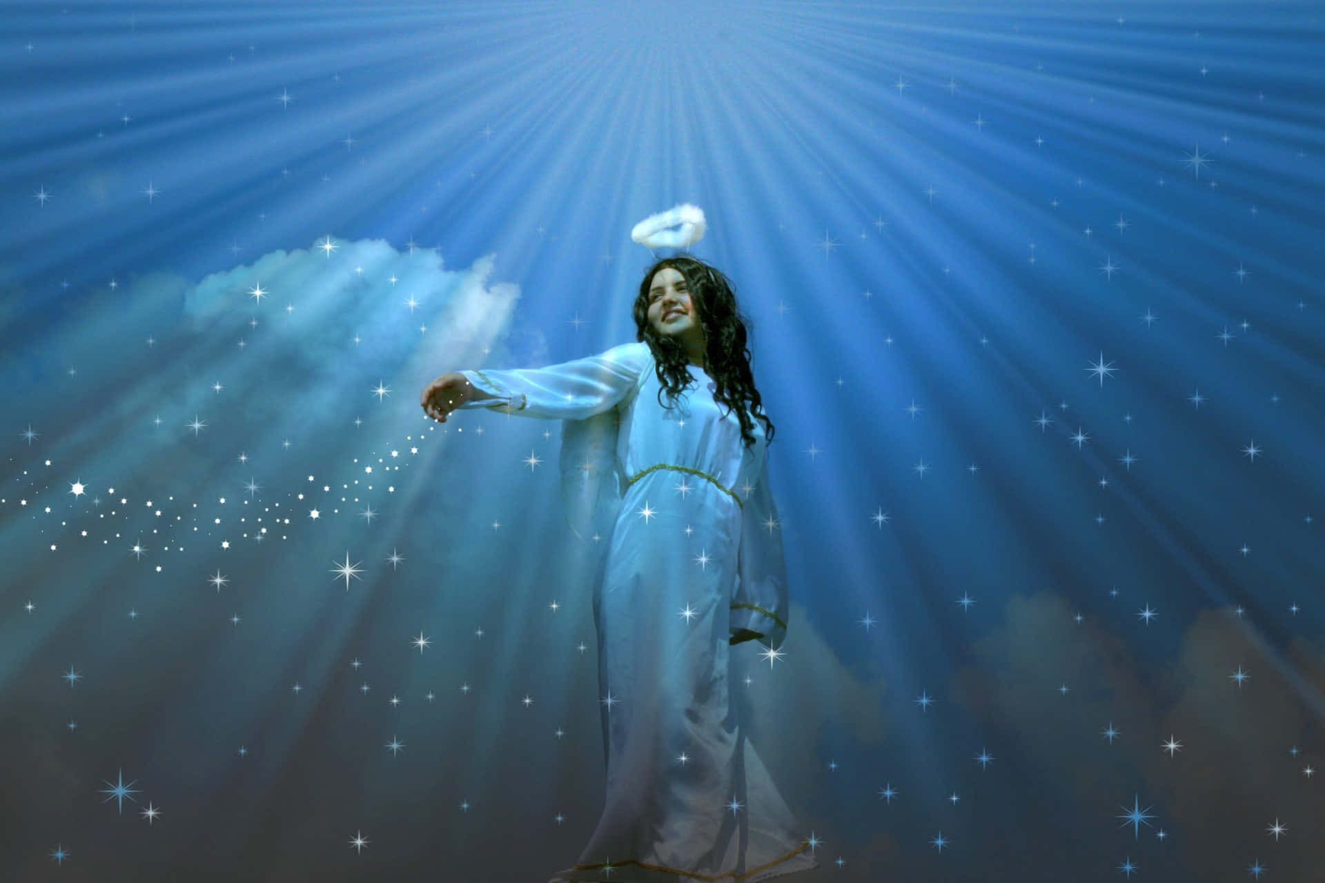 cute angels, halo, stars, Full HD Desktop Wallpaper